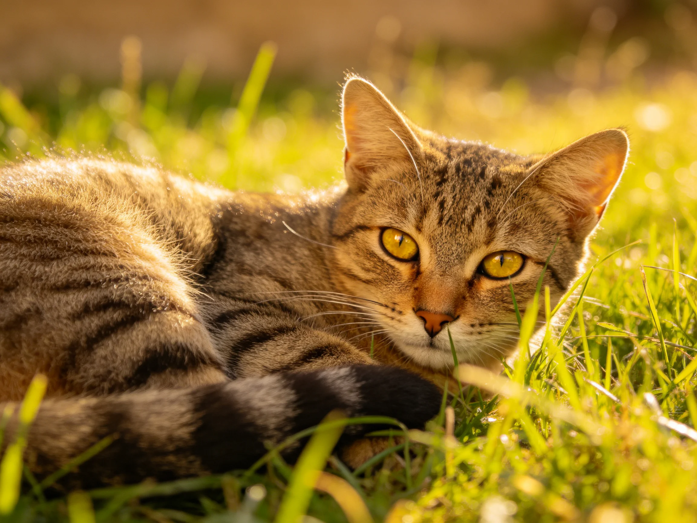 A tabby cat relaxes on grass in a sunlit setting.