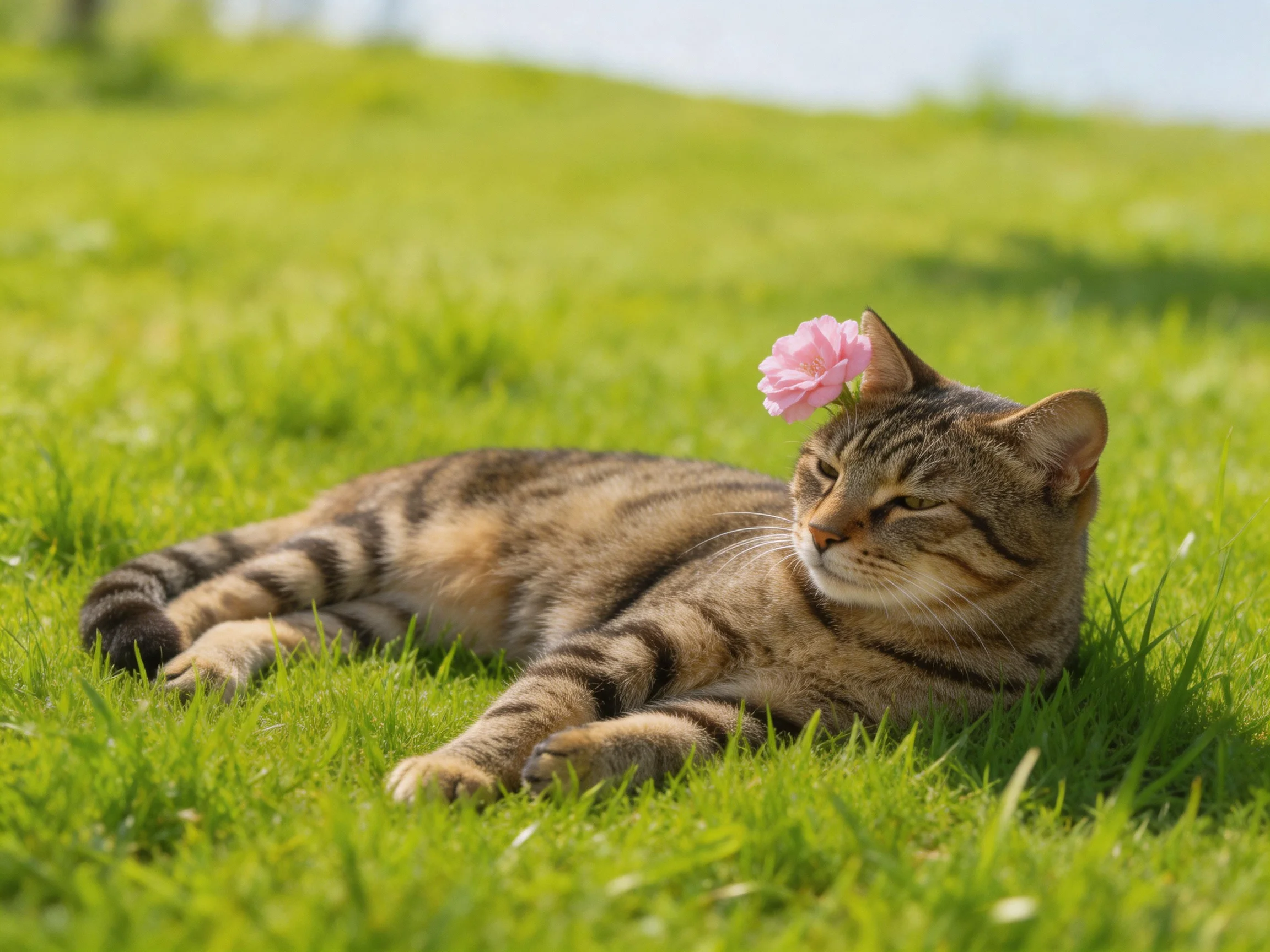 A tabby cat rests on lush green grass with a pink flower nearby