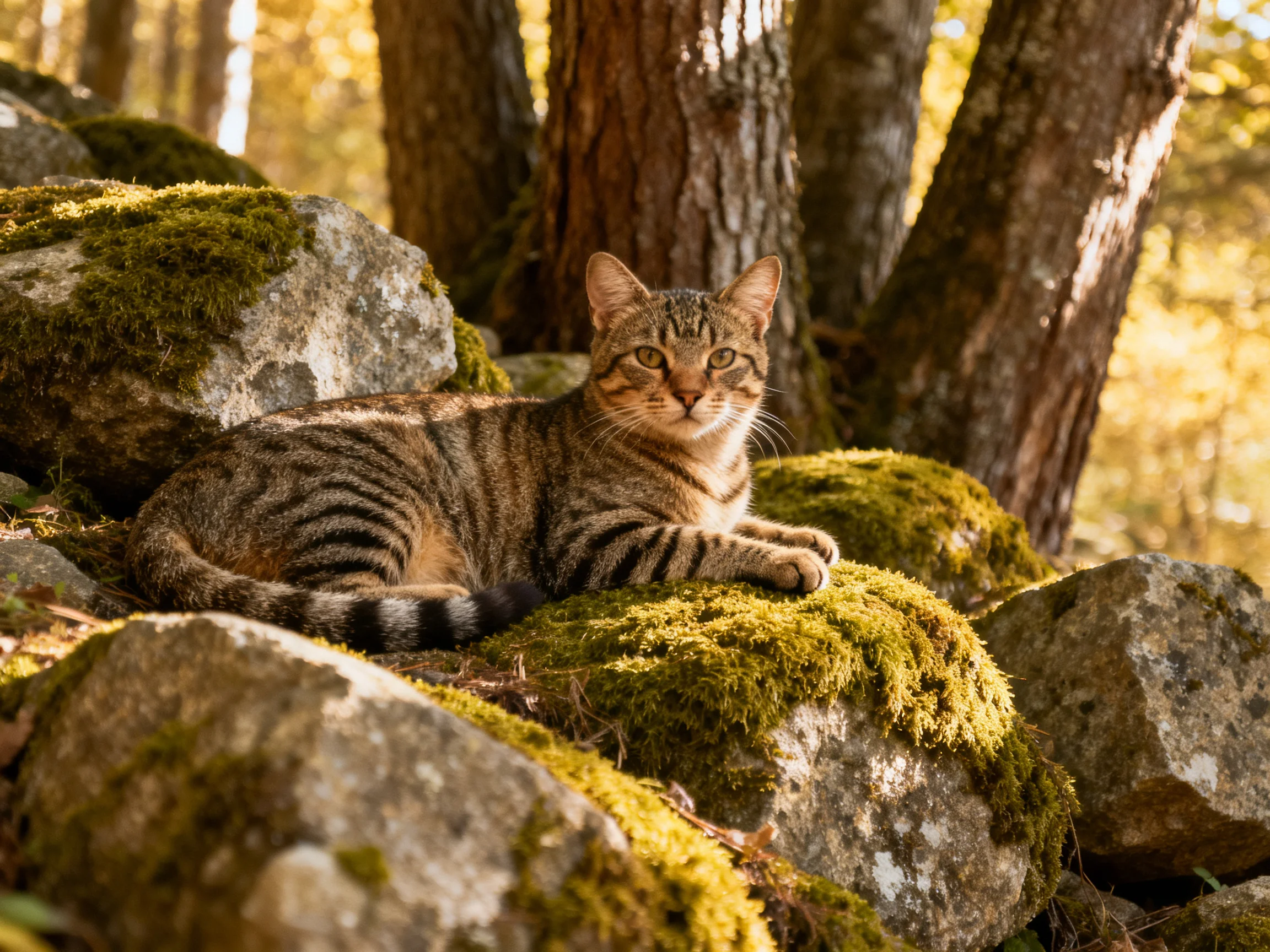 A tabby cat rests on moss-covered rocks amid tall trees