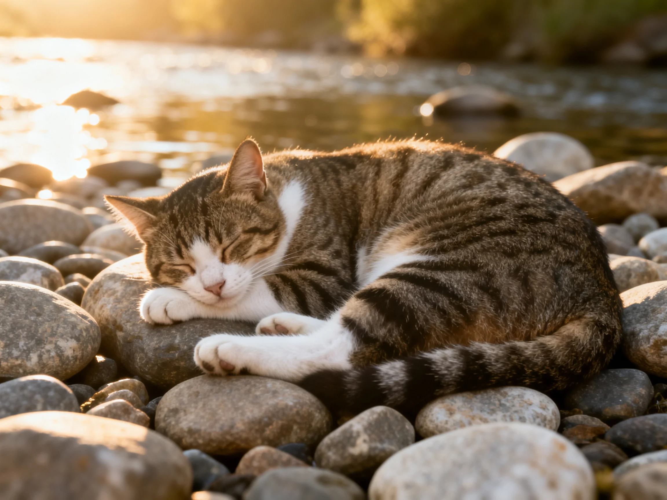 A tabby cat rests on smooth river rocks by a sunlit stream