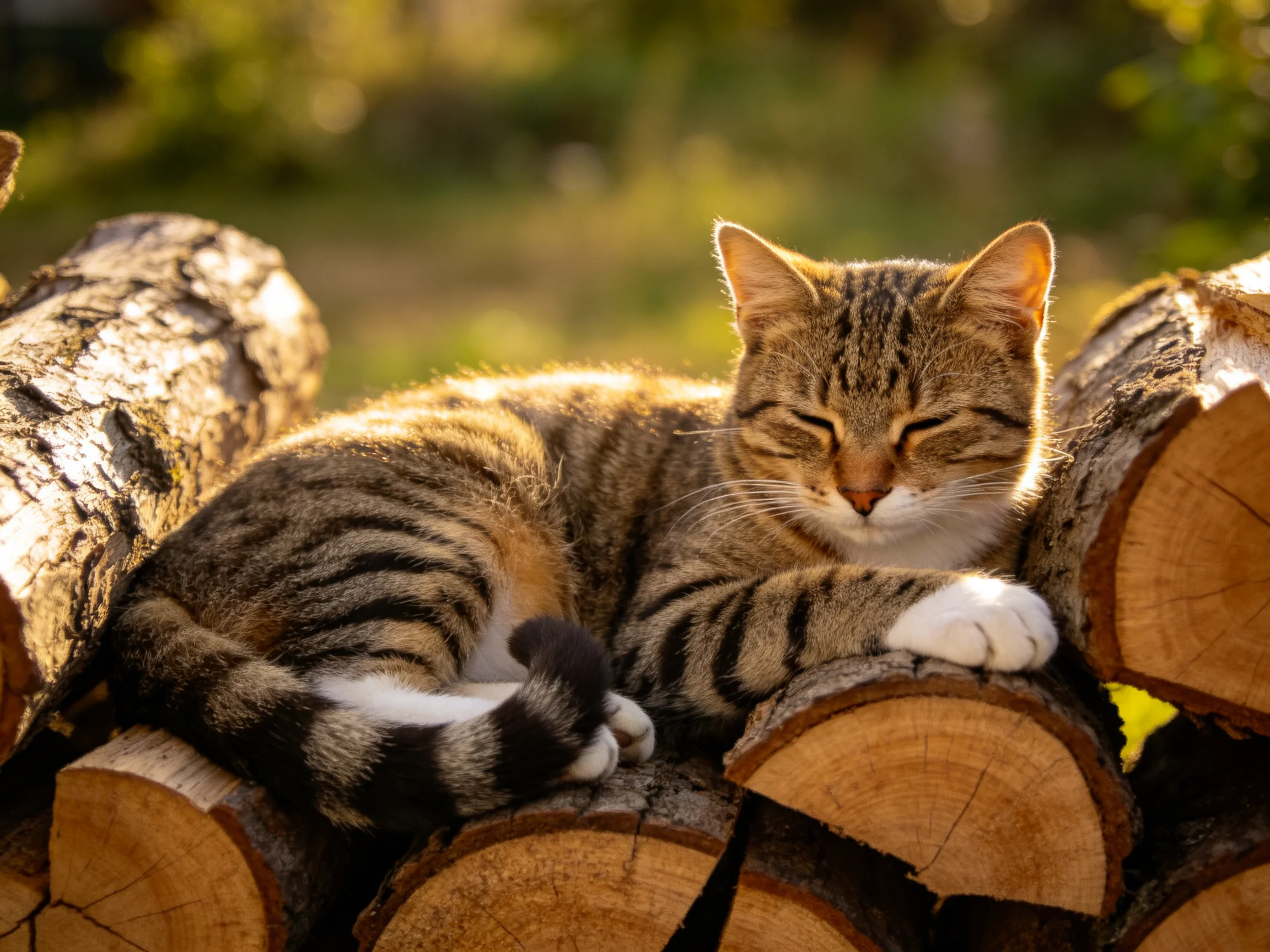 A tabby cat rests on stacked wooden logs in golden sunlight