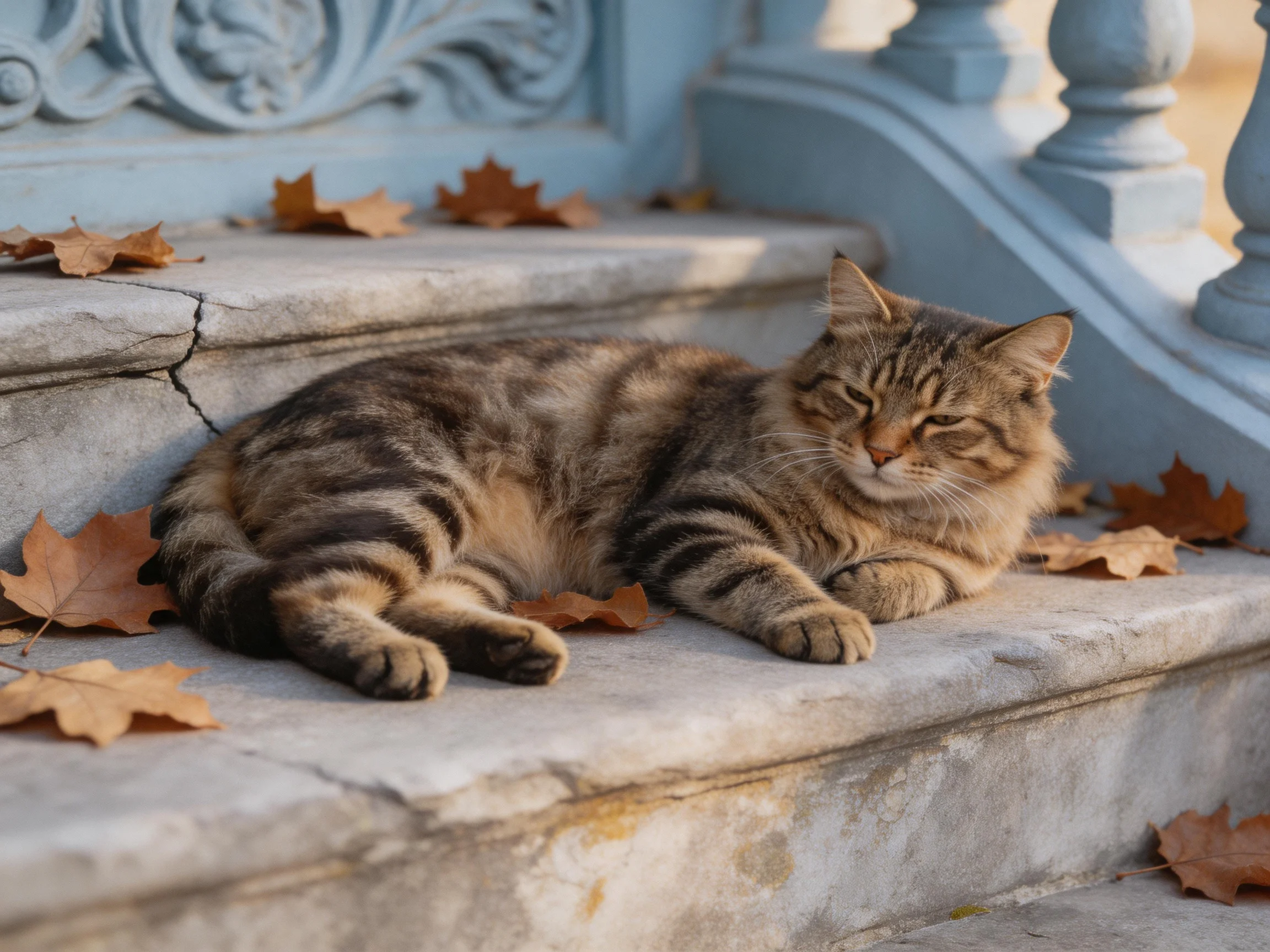 A tabby cat rests on stone steps amid scattered brown leaves