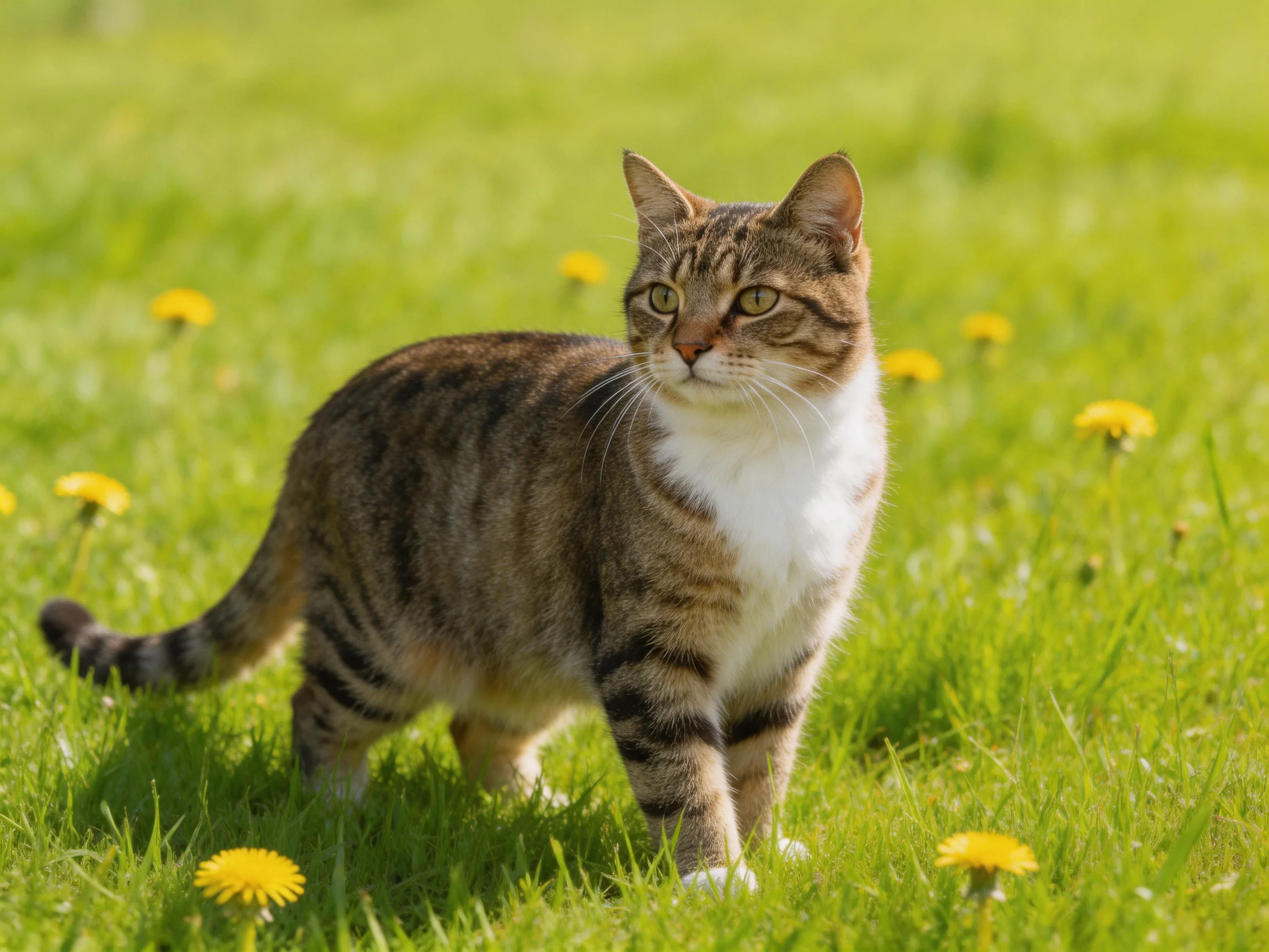 A tabby cat wanders through a grassy field dotted with yellow dandelions.