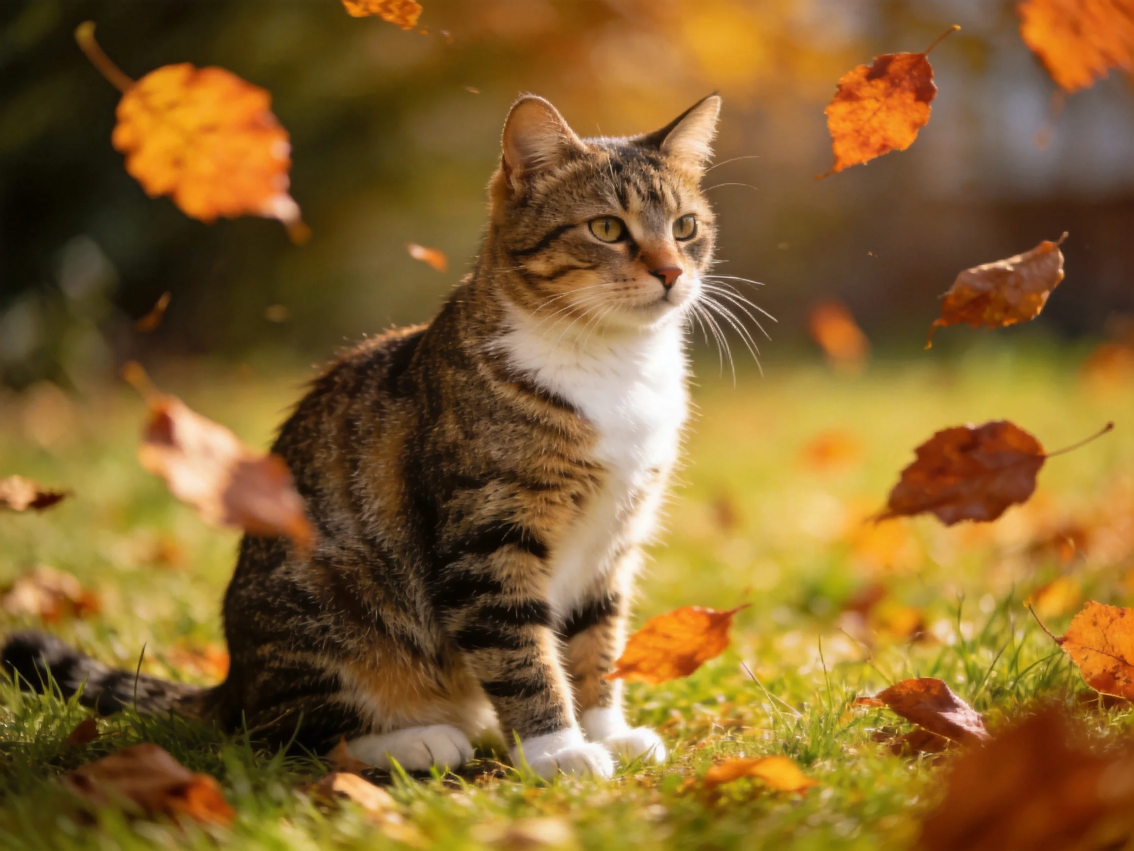 A tabby cat sits amid falling golden autumn leaves on green grass