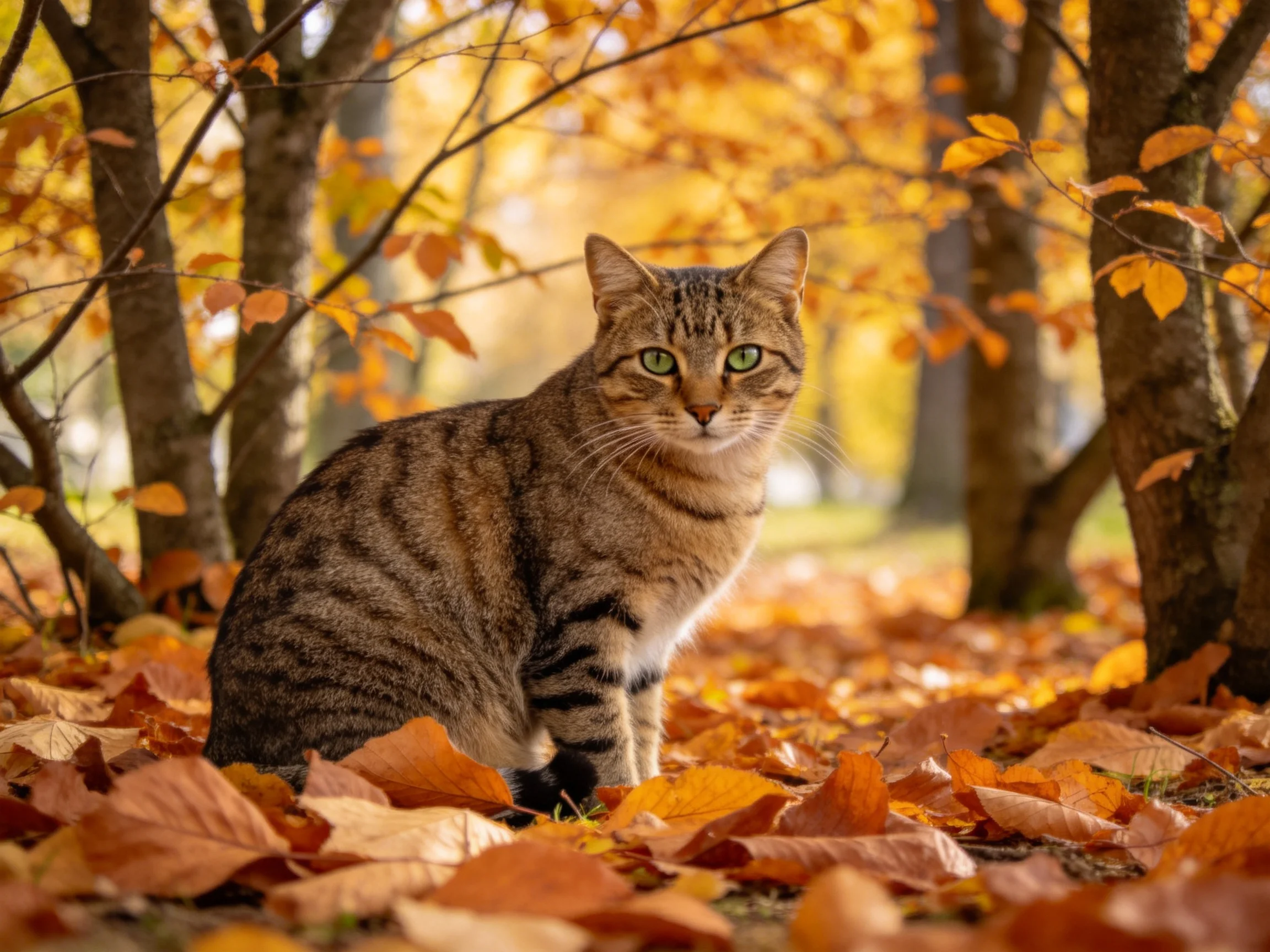 A tabby cat sits amid golden autumn leaves and brown tree trunks