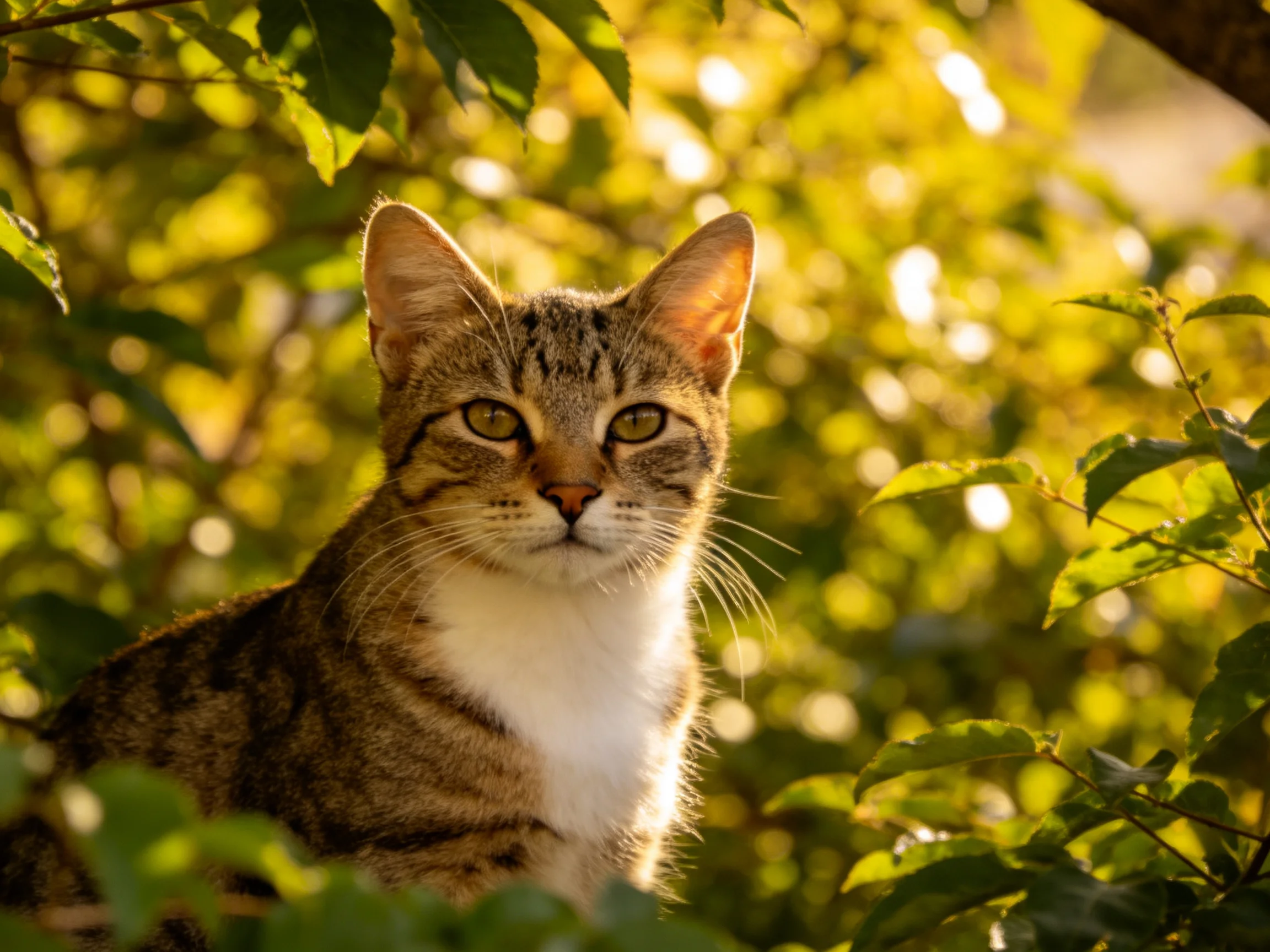 A tabby cat rests among greenery in a sunlit outdoor environment.