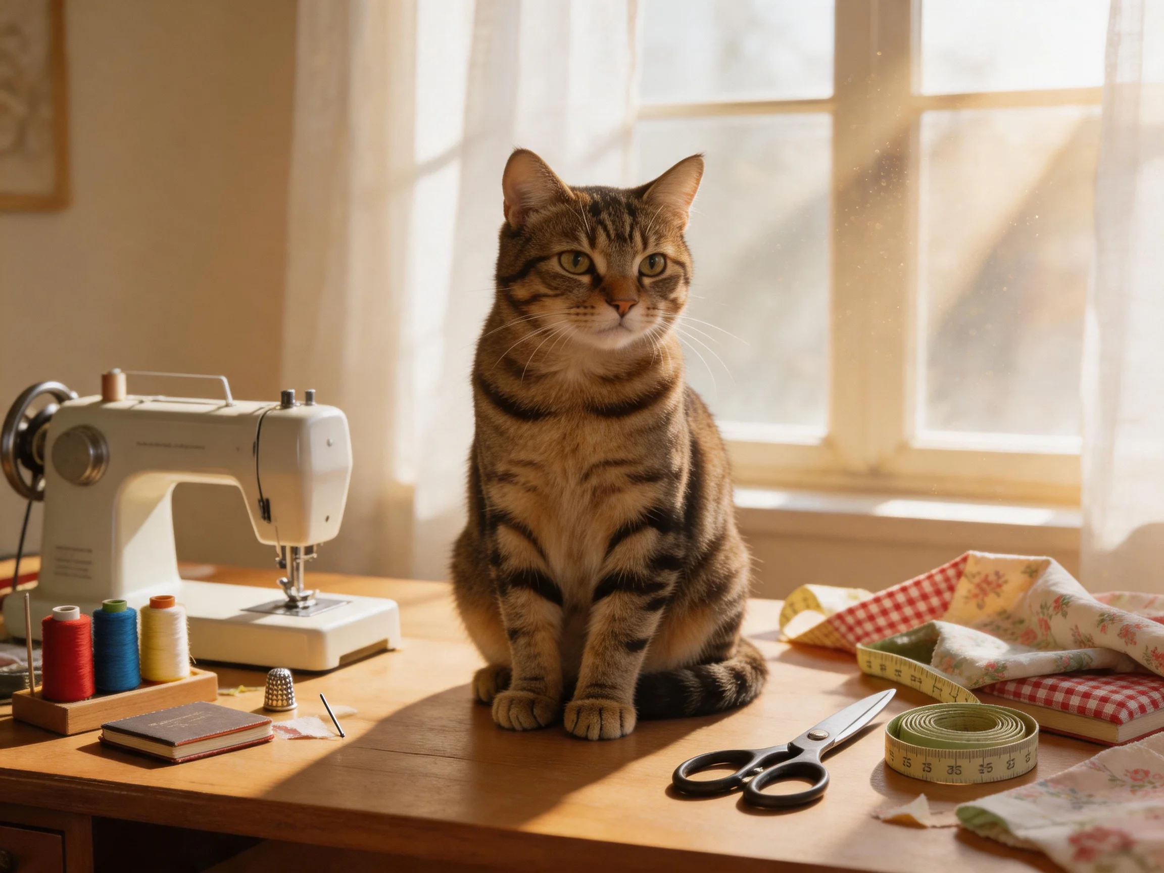 A tabby cat is positioned on a table with sewing equipment in a sunlit room.