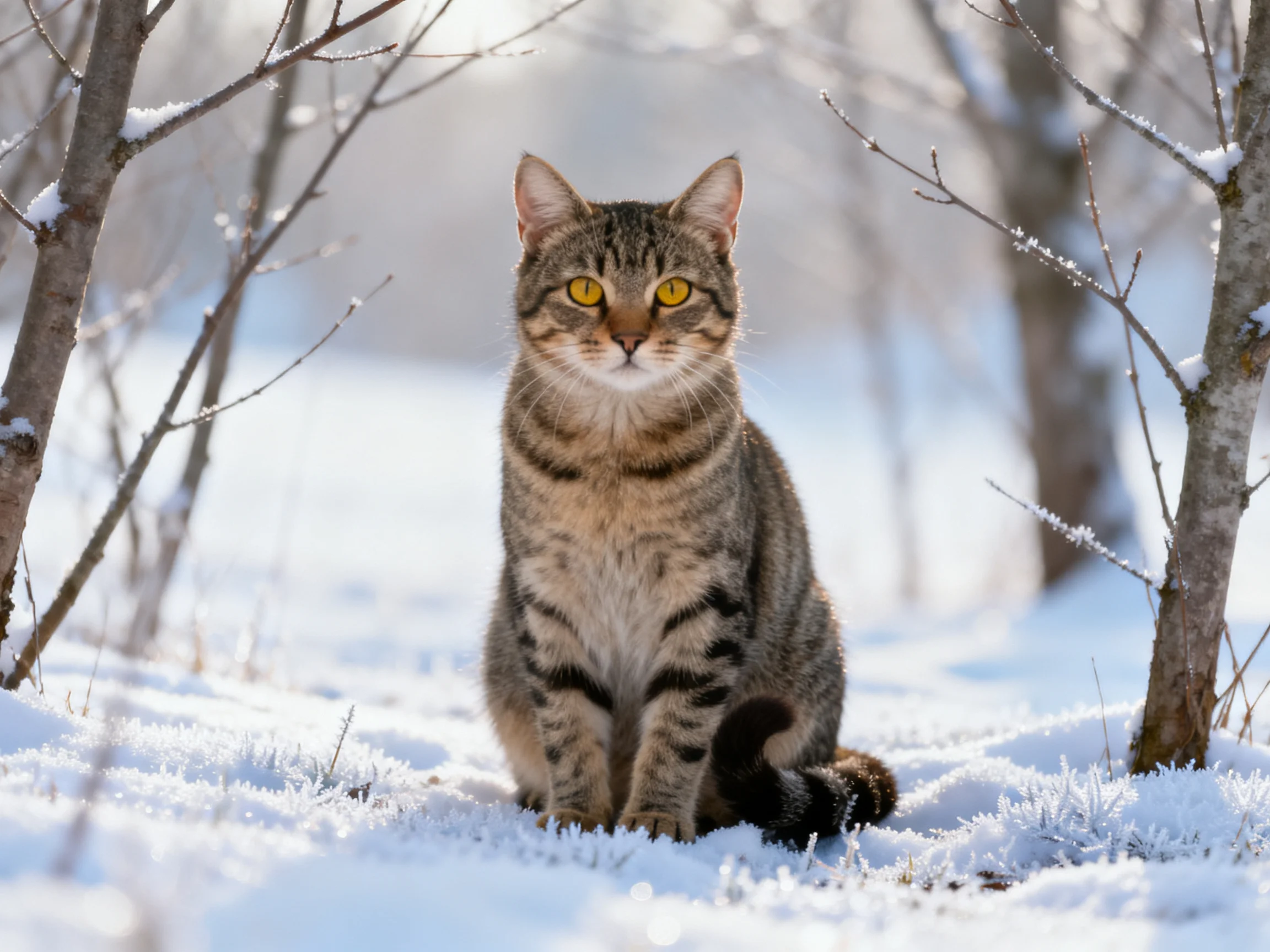 A tabby cat sits calmly among snow-covered trees in a wintry landscape.