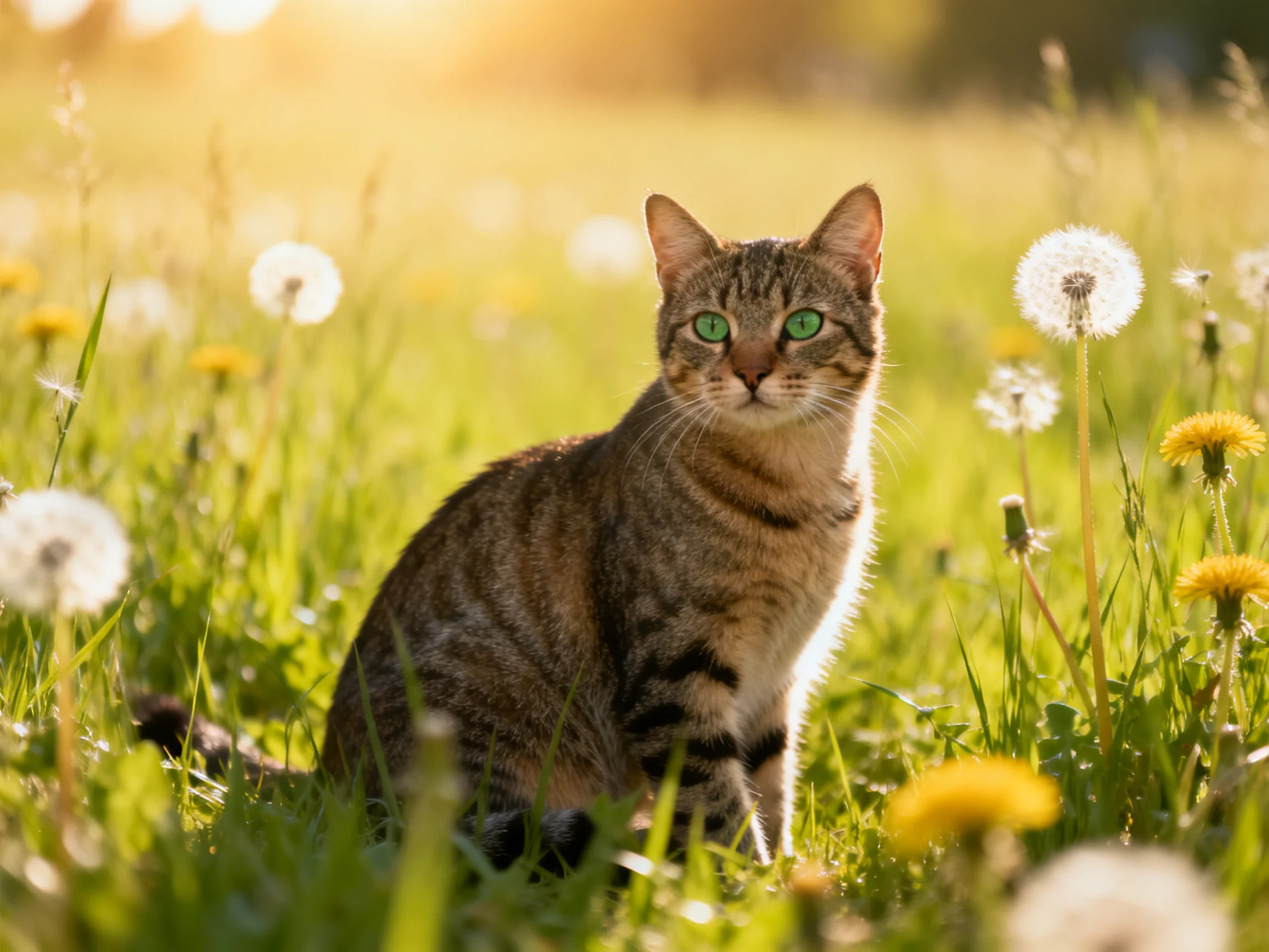 A tabby cat sits peacefully in a sunlit meadow with dandelions.