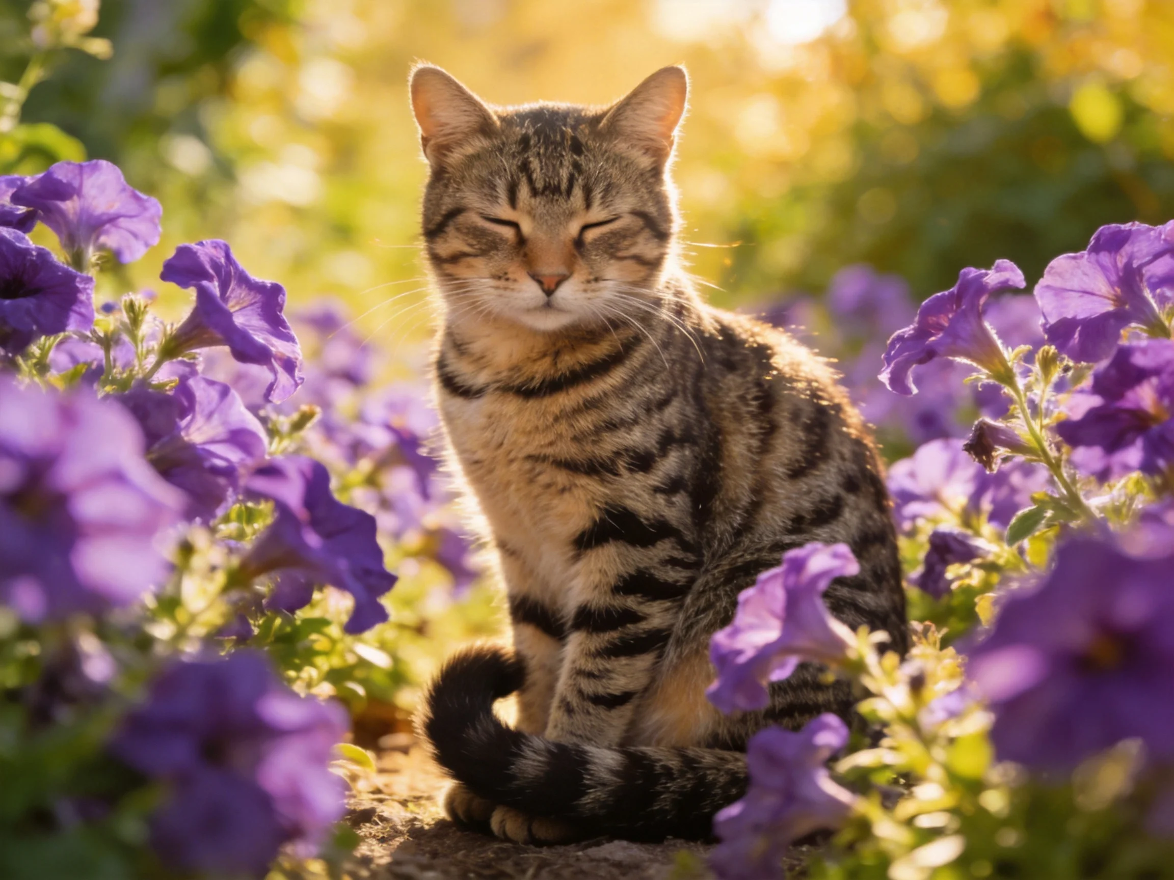 A tabby cat relaxes among purple flowers in sunlit surroundings.