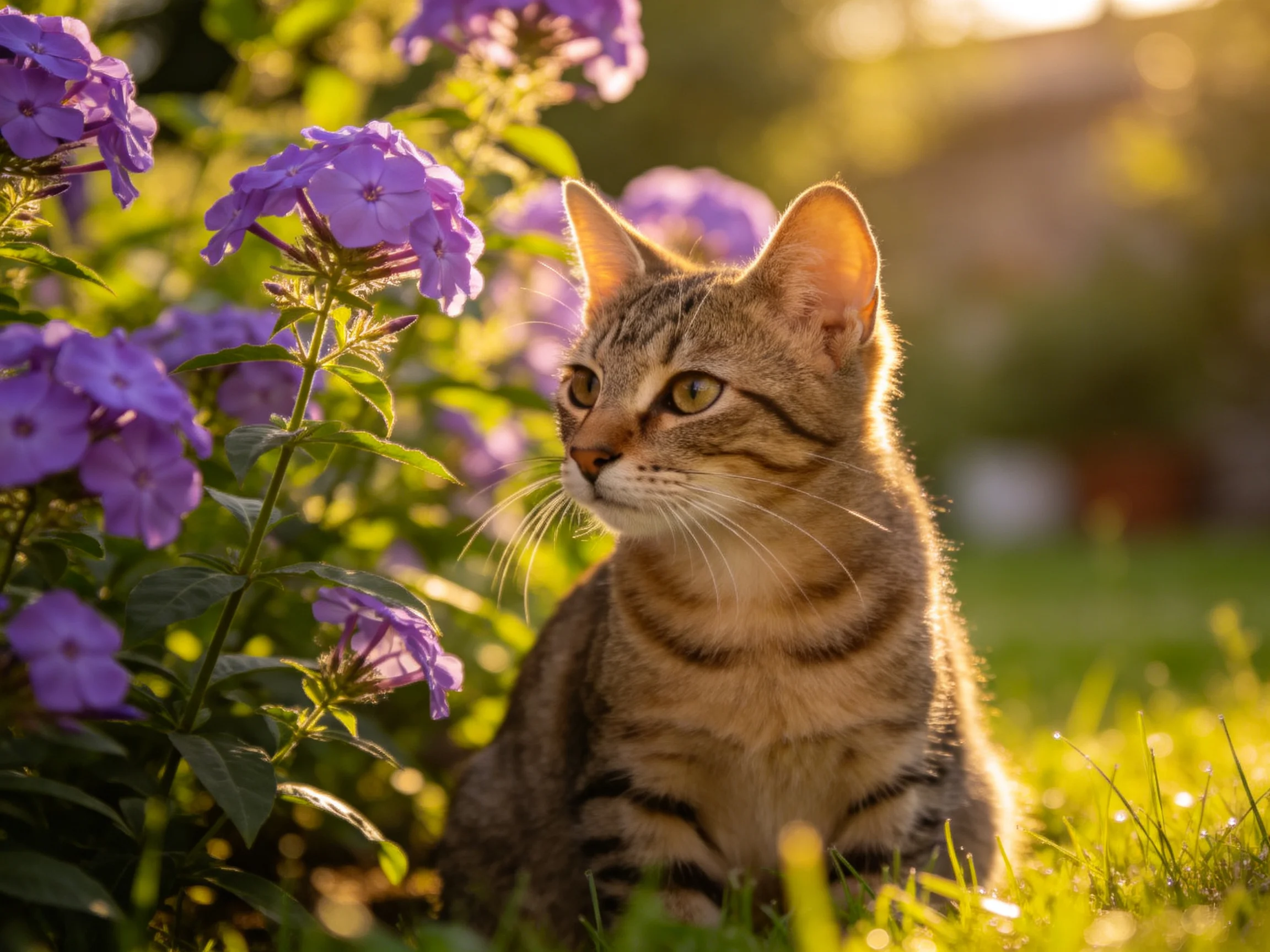 A tabby cat rests beside purple flowers in a sunlit garden.
