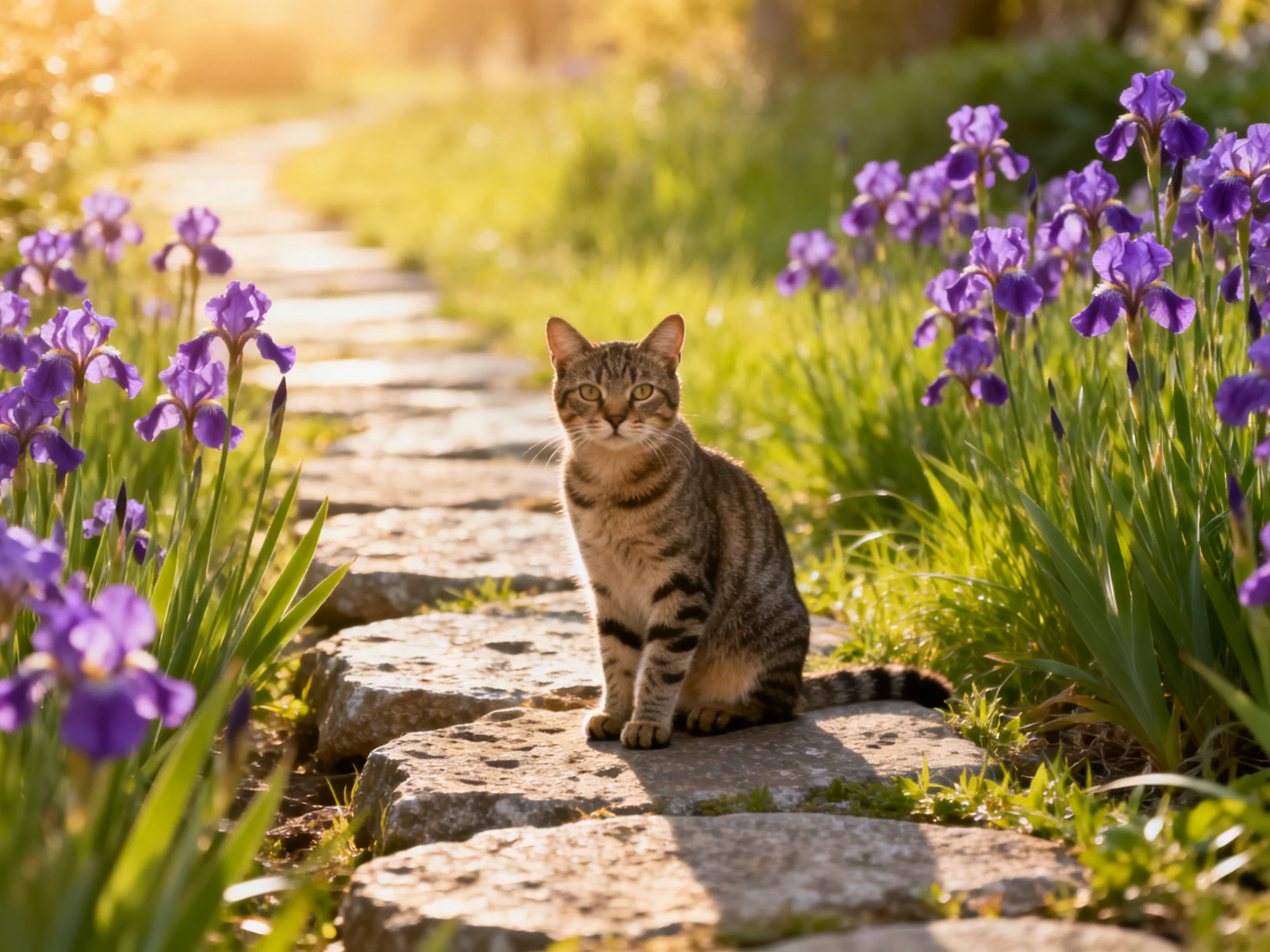 A tabby cat sits on a stone path surrounded by purple flowers in a sunlit garden.
