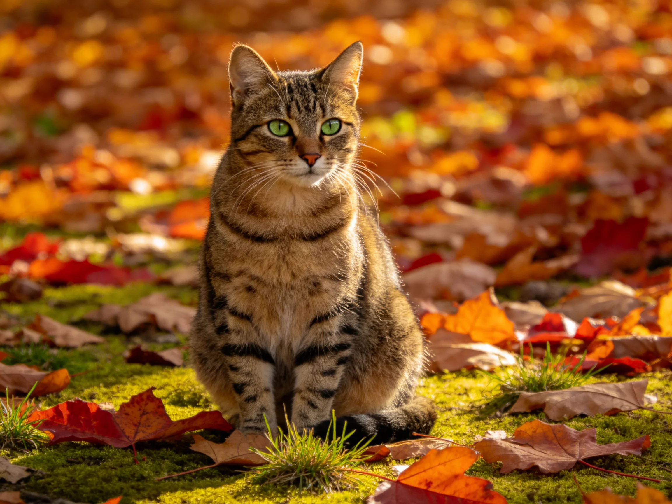 A tabby cat sits among autumn leaves in a sunlit outdoor setting.