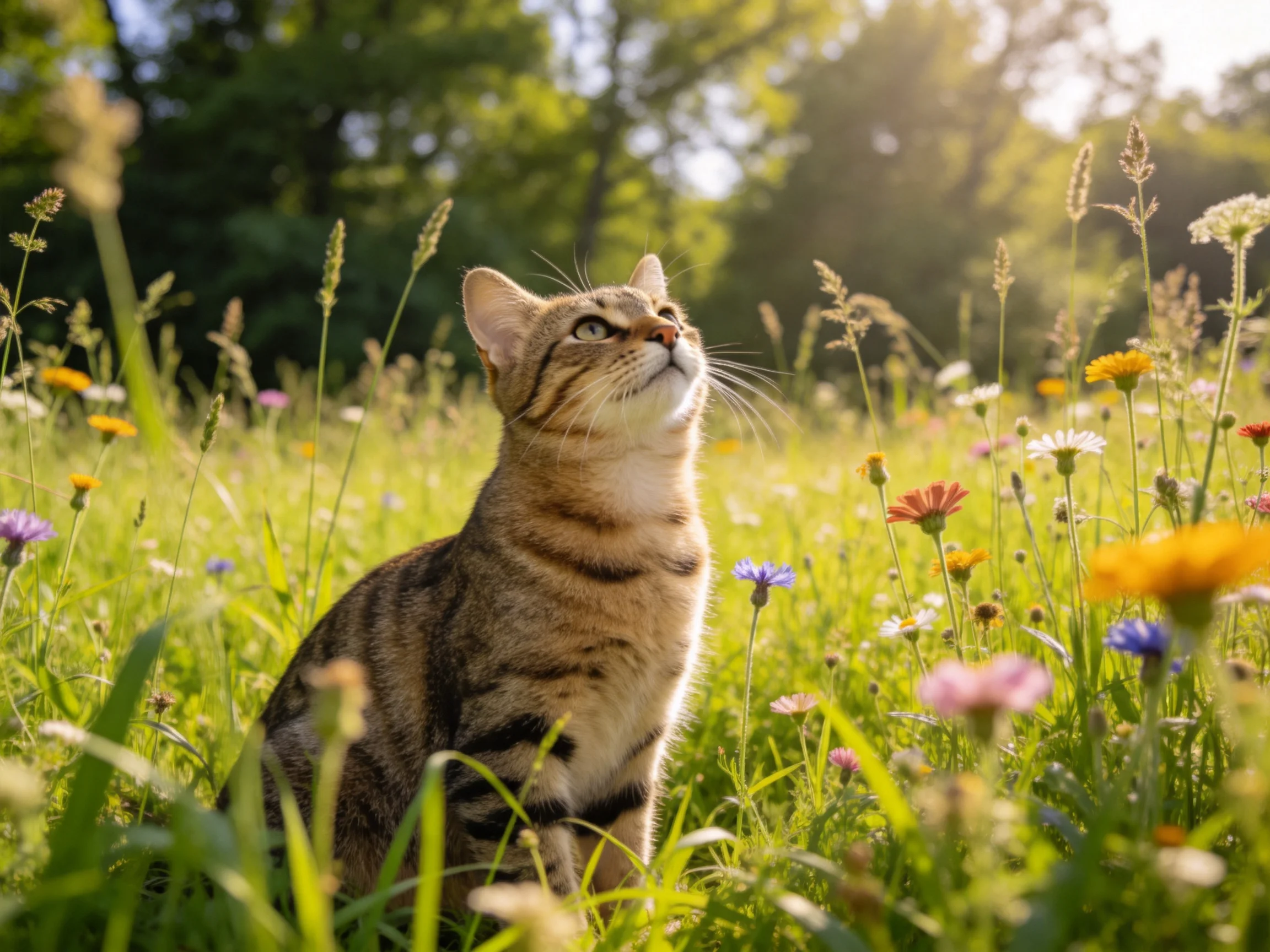 A tabby cat looks upward in a sunlit meadow with colorful flowers