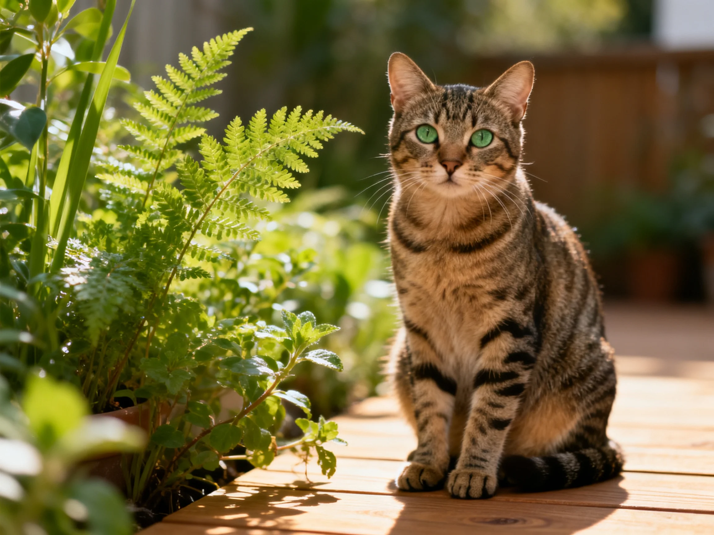 A tabby cat sits among lush ferns on a wooden deck