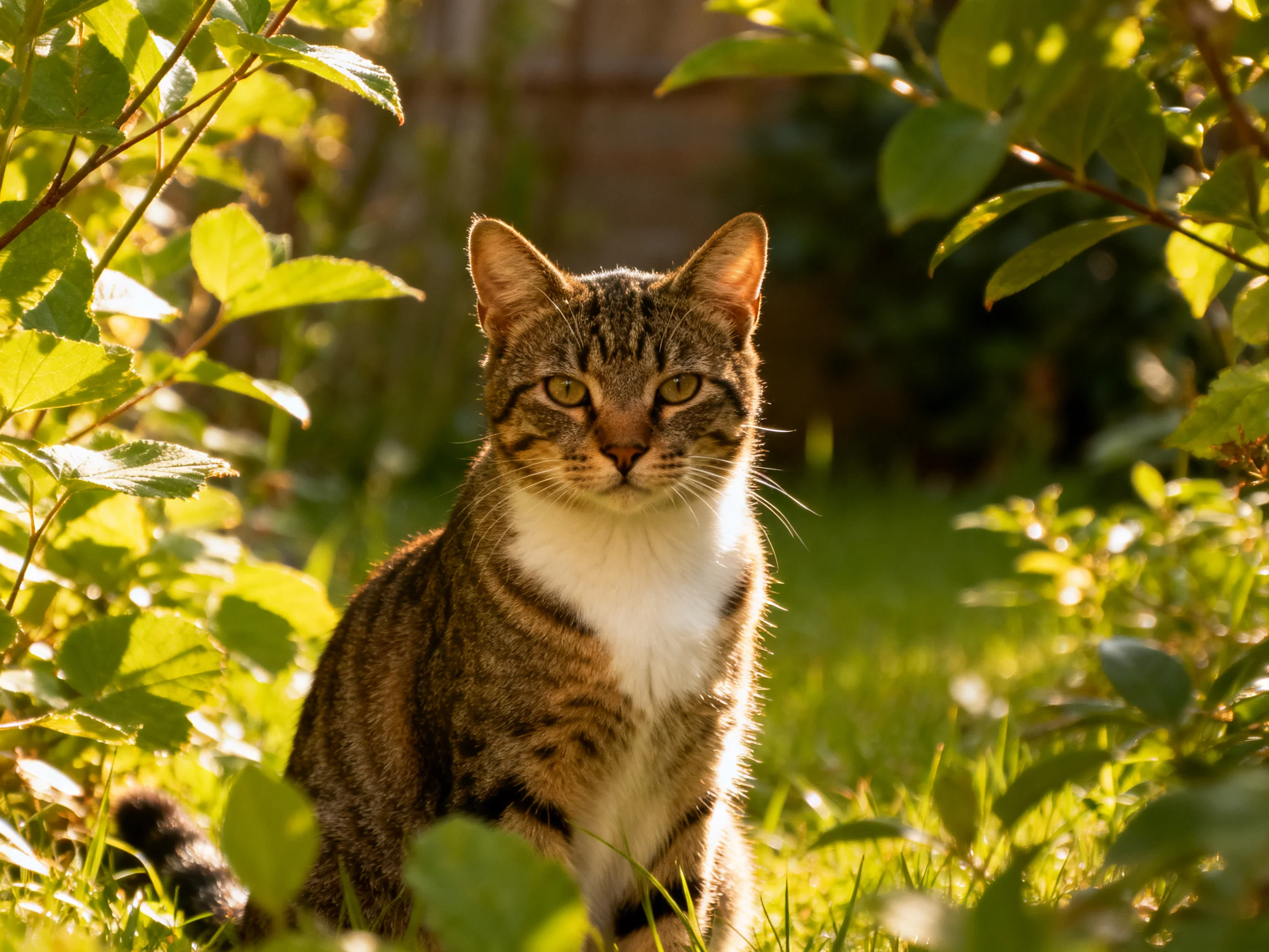 A tabby cat rests among greenery in a sunlit outdoor area.