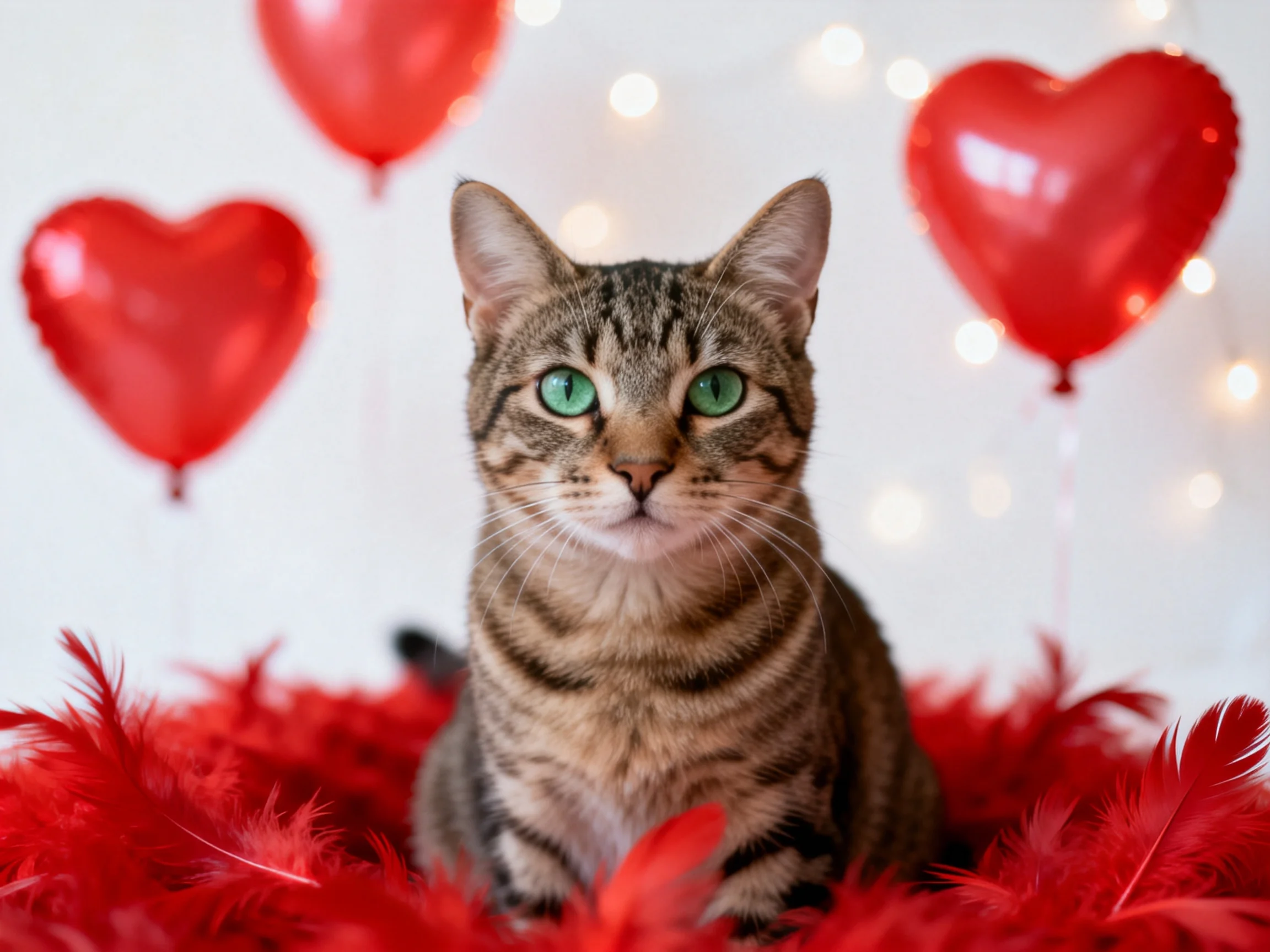 A tabby cat sits among red feathers with three heart - shaped red balloons