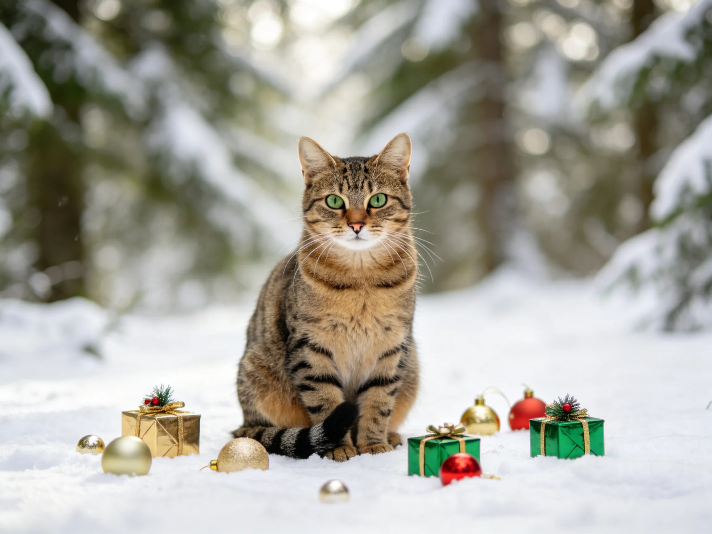 A tabby cat sits among snowy landscape with colorful holiday gifts