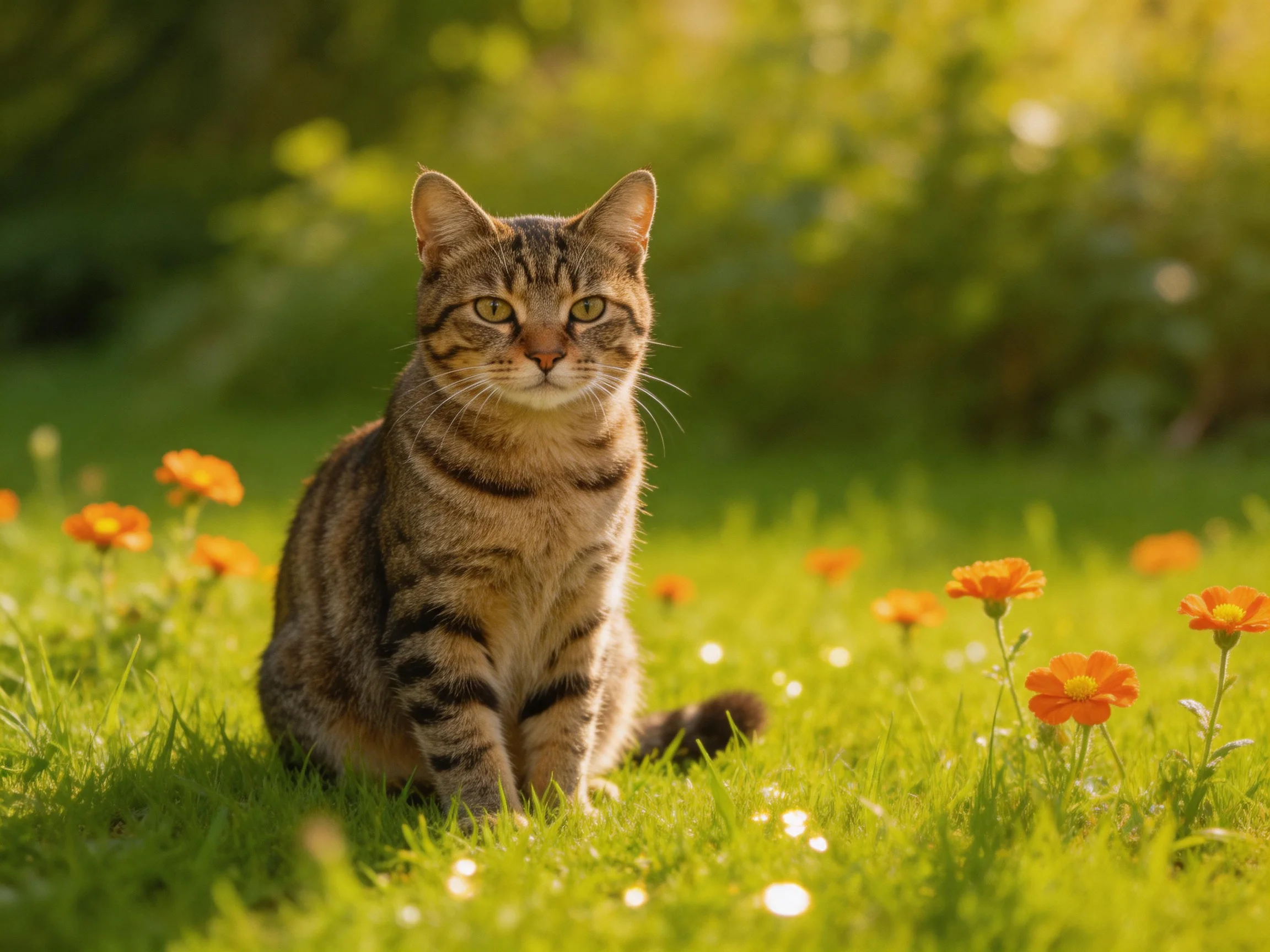 A tabby cat sits in a sunlit garden with green grass and orange flowers.