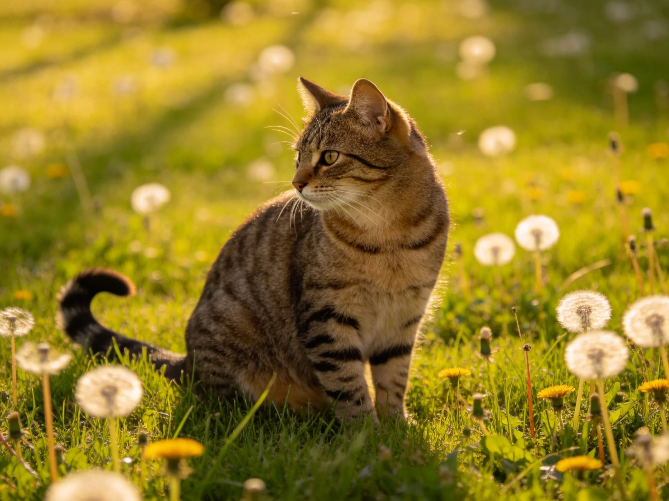 A tabby cat sits in a sunlit meadow with green grass and dandelions.