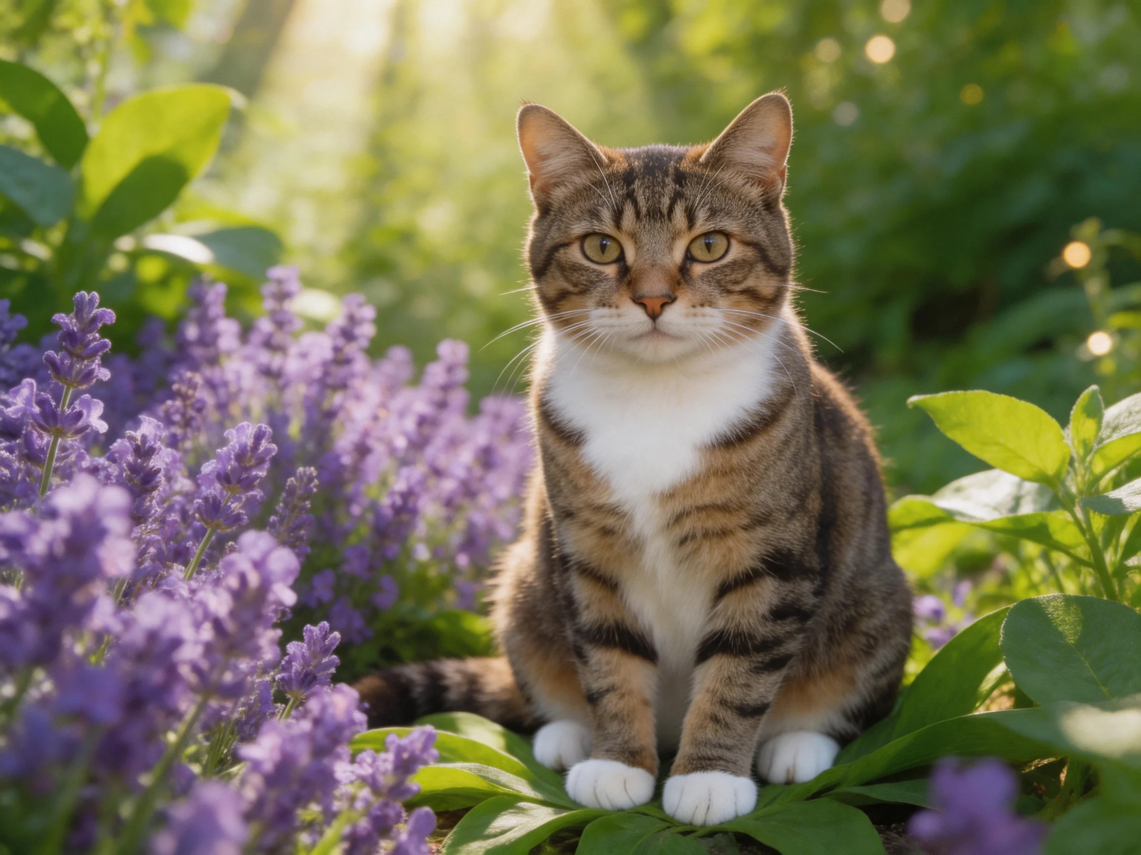 A tabby cat rests amid blooming lavender and greenery in a sunlit garden.