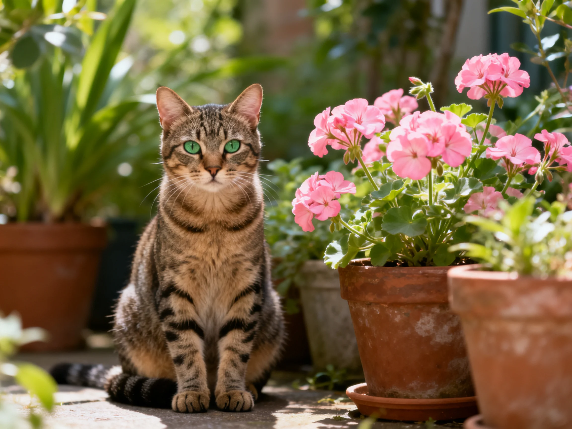 A tabby cat rests near colorful potted plants and blooming flowers in sunlight.