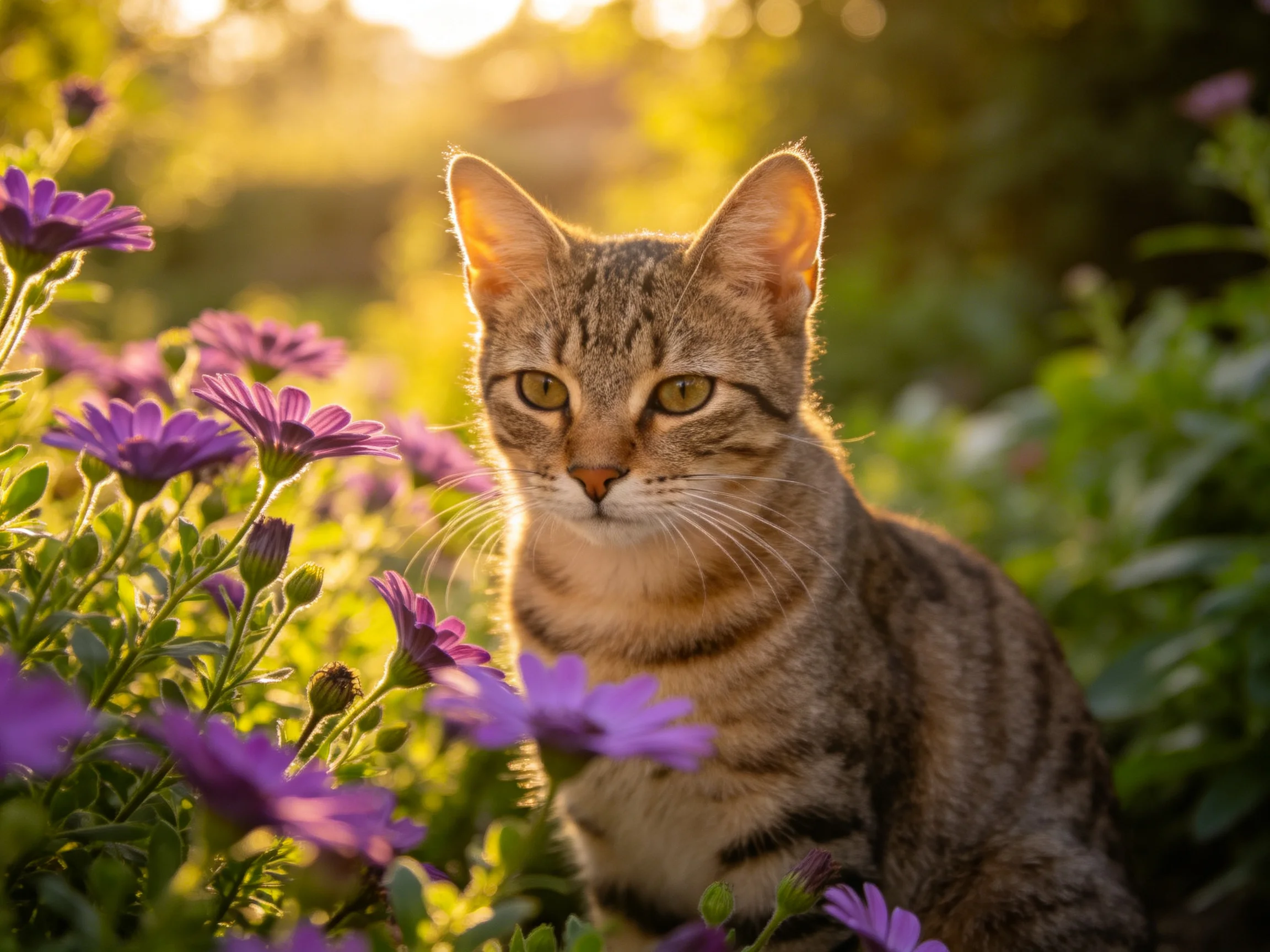 A tabby cat rests among purple flowers in a sunlit garden setting.