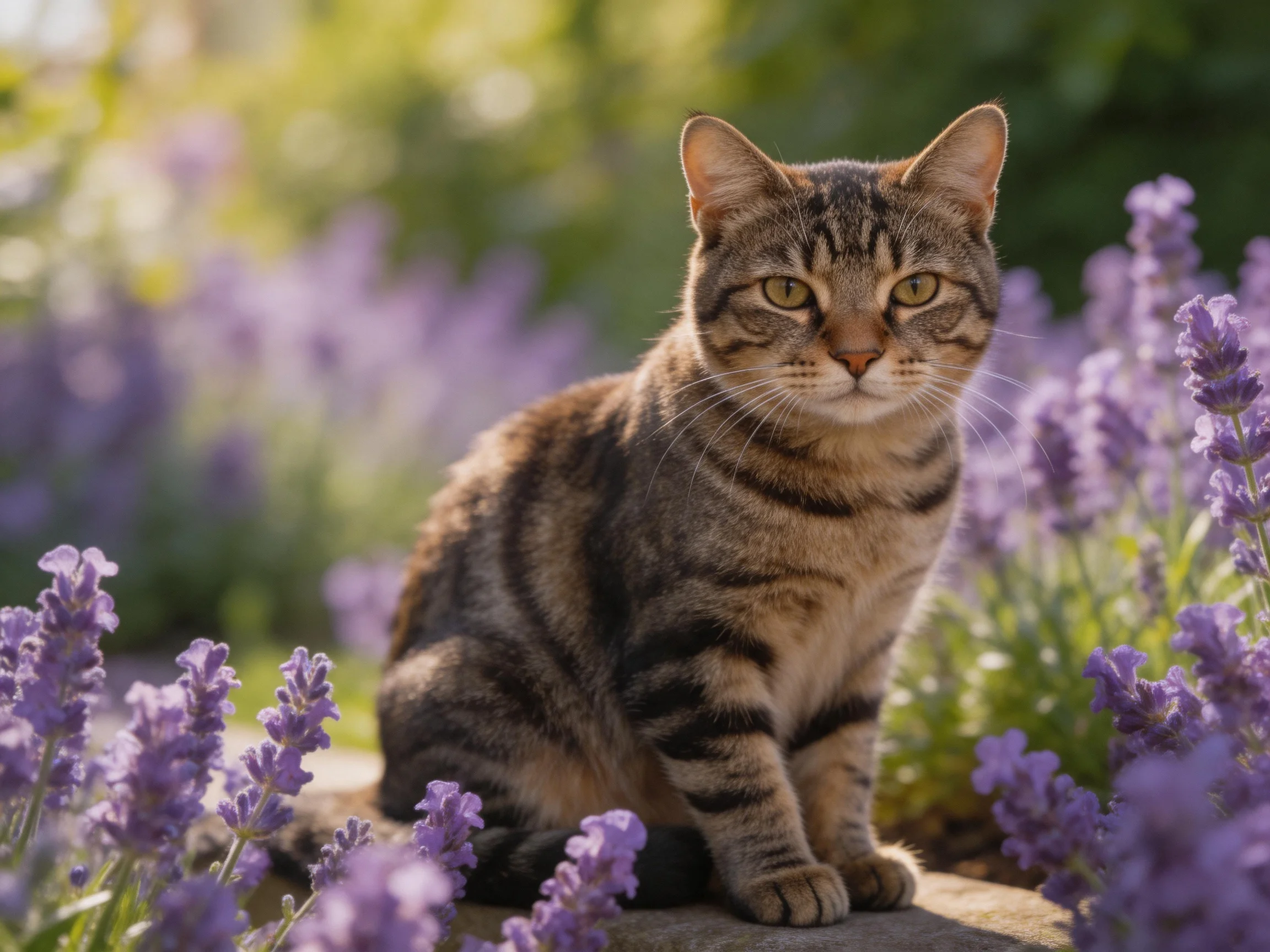 A tabby cat sits calmly among lavender flowers in a sunlit garden.