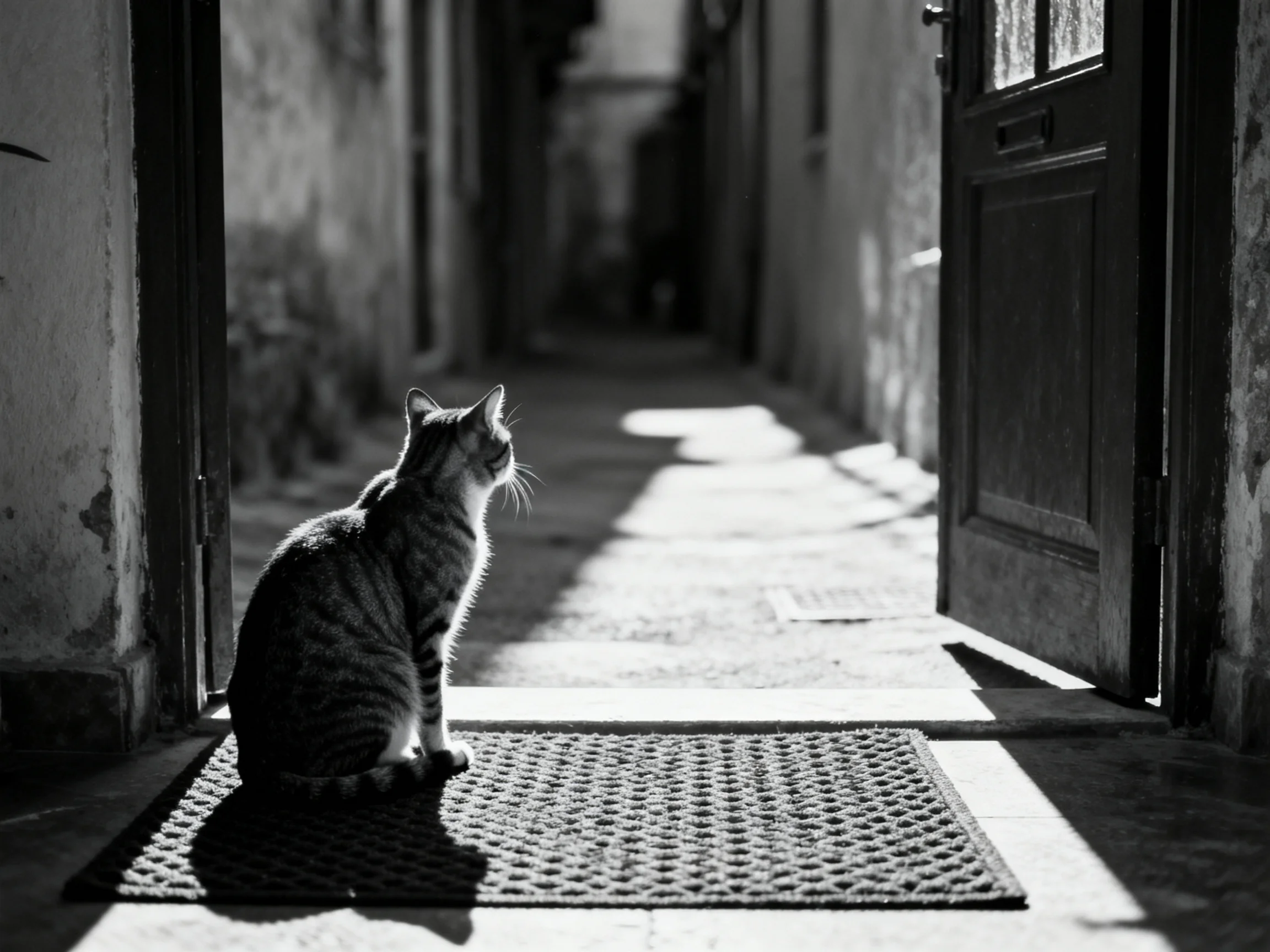 A cat sits at the entrance of a sunlit alleyway.
