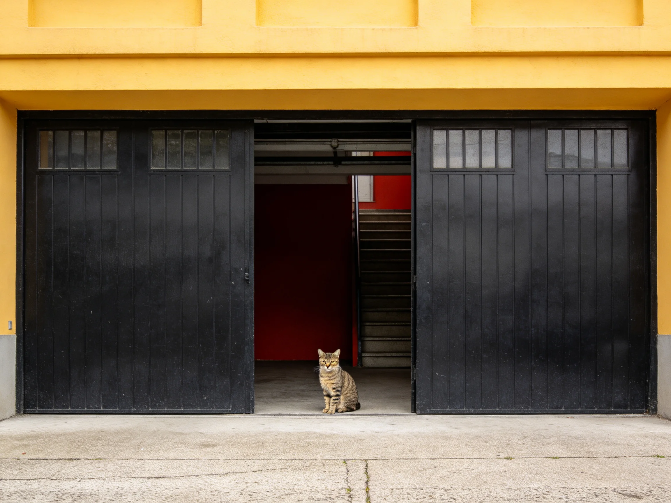 A tabby cat sits at the entrance of a building with large black doors.