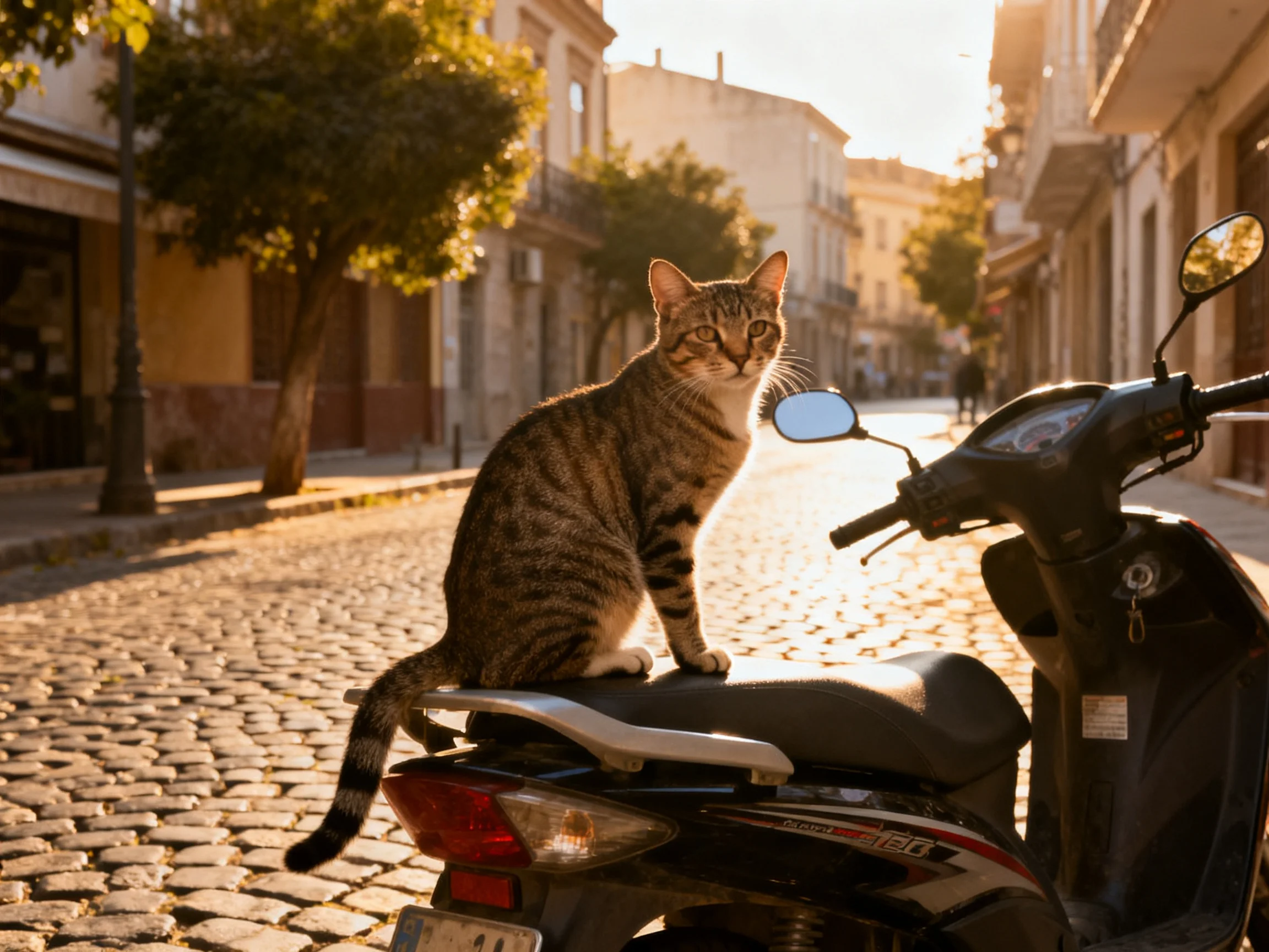 A tabby cat sits atop a black scooter in a sunlit cobblestone street.