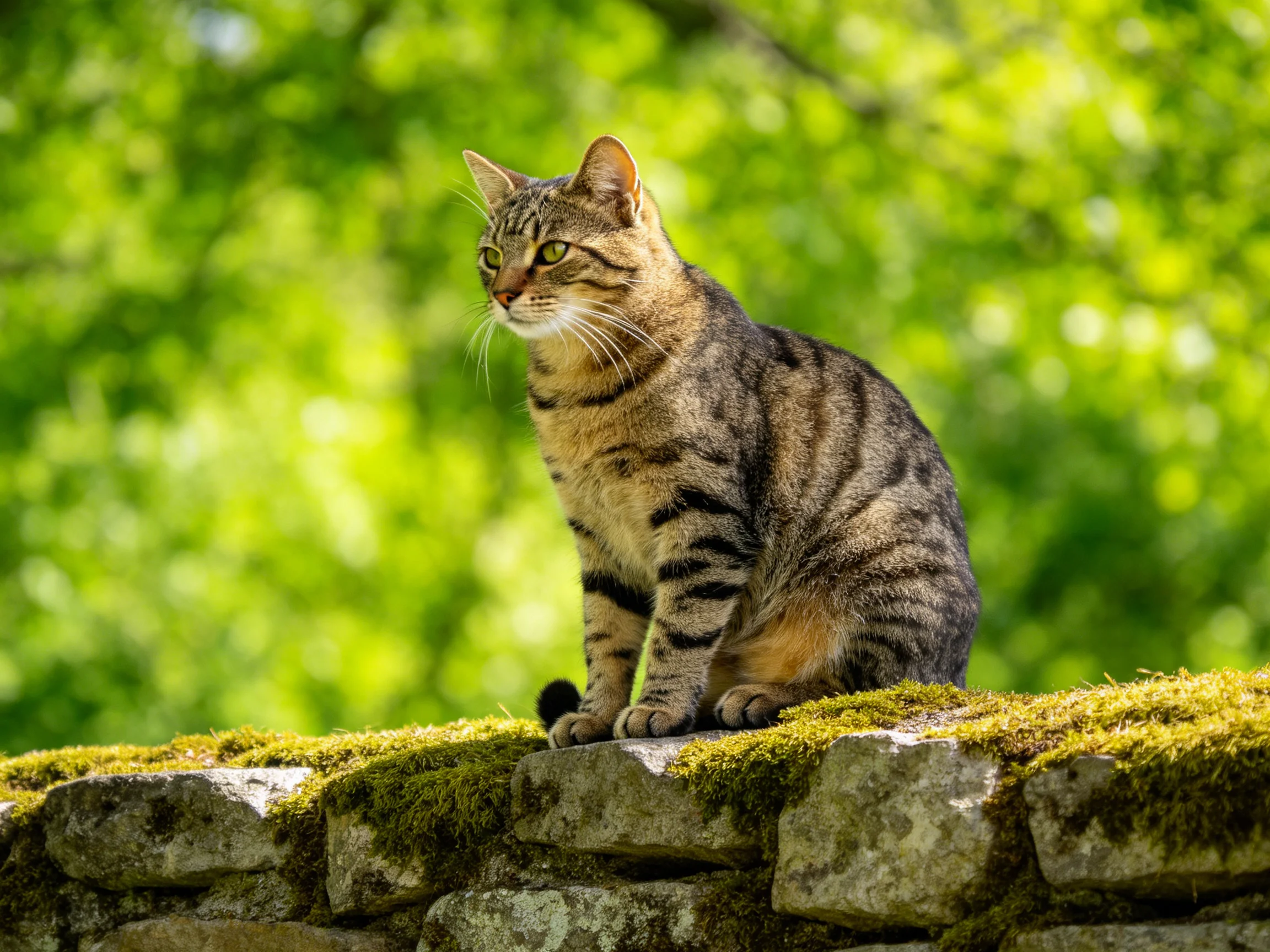 A tabby cat sits atop a moss-covered stone wall amid lush greenery