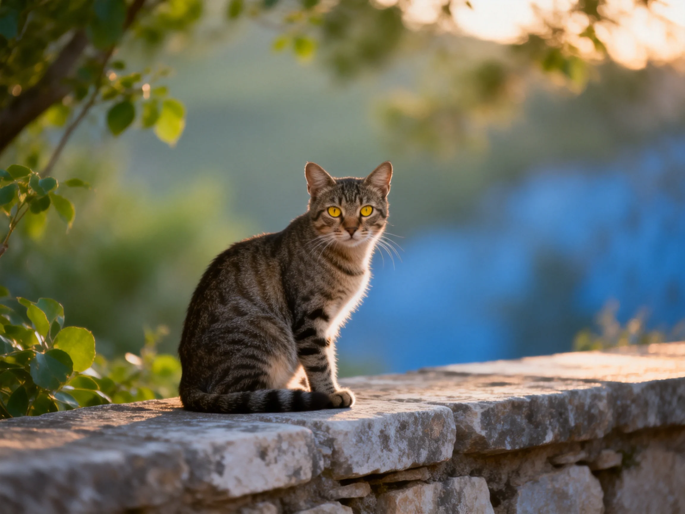 A tabby cat sits on a stone wall in a sunlit, leafy outdoor space.