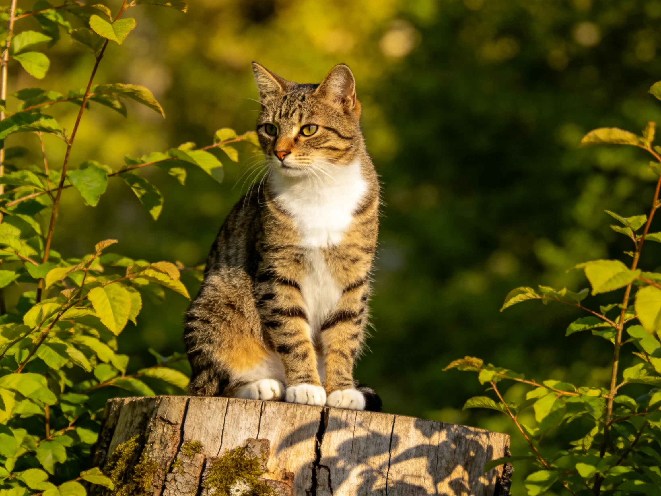 A tabby cat rests on a tree stump in a sunlit, verdant environment.