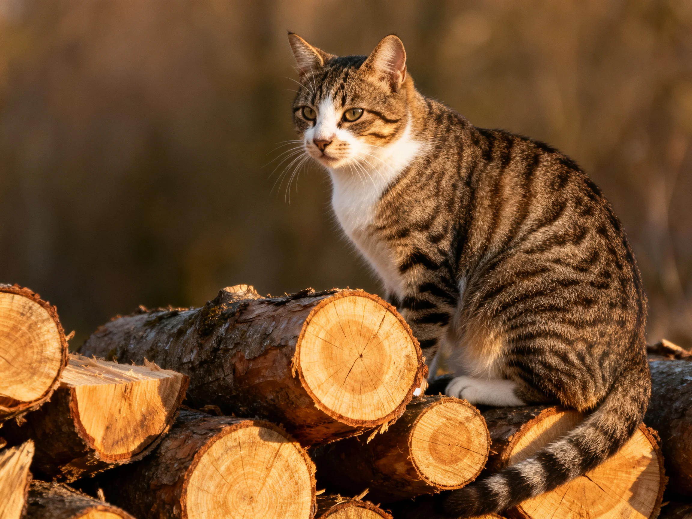 A tabby cat rests on stacked wooden logs in a sunlit outdoor setting