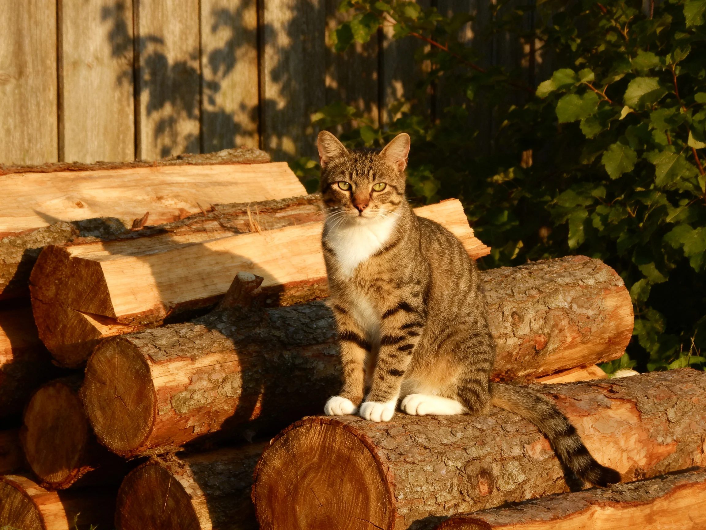 A tabby cat sits on stacked firewood next to a wooden fence in.