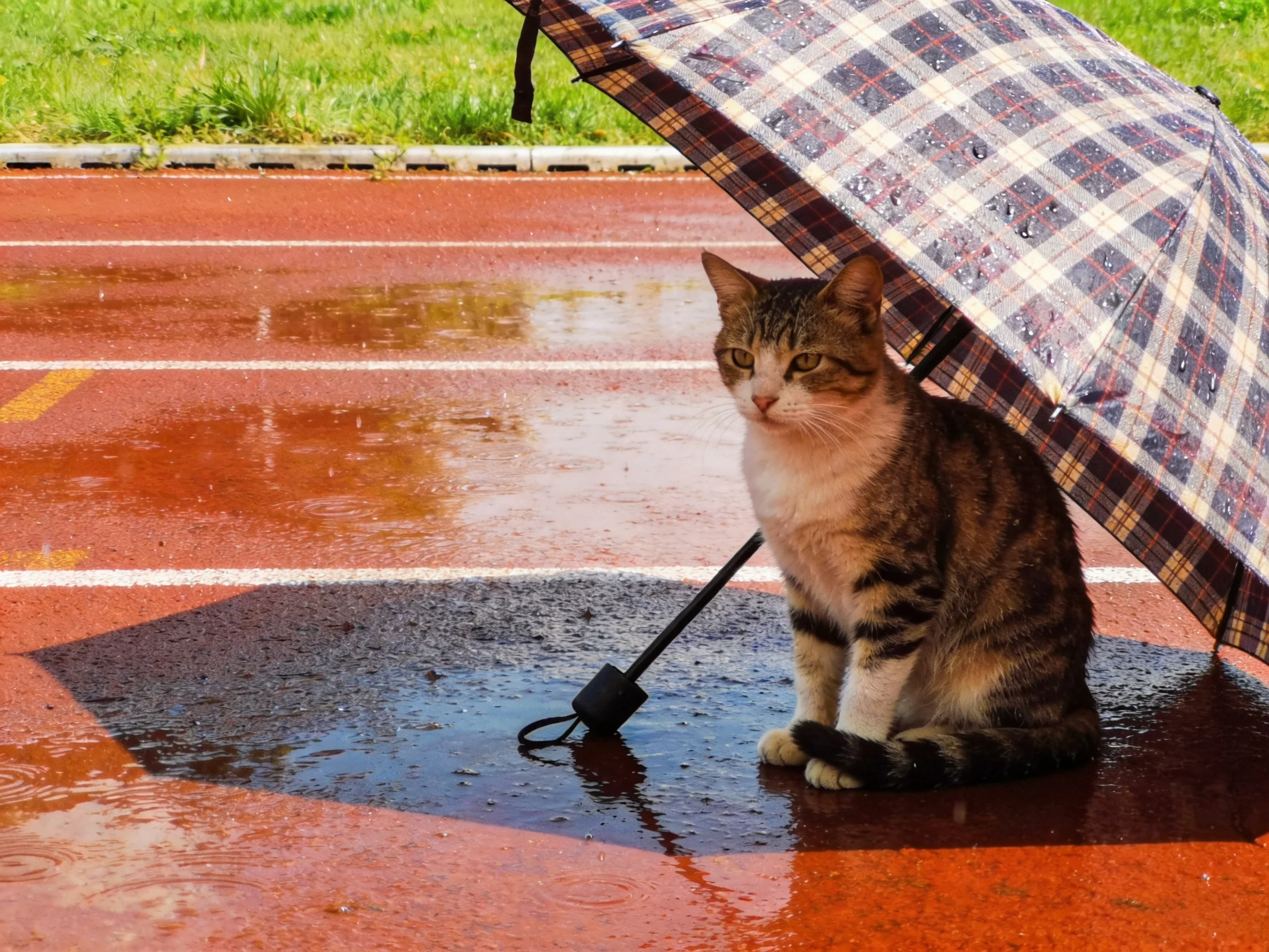 A tabby cat sits beneath a plaid umbrella on a rain-soaked track