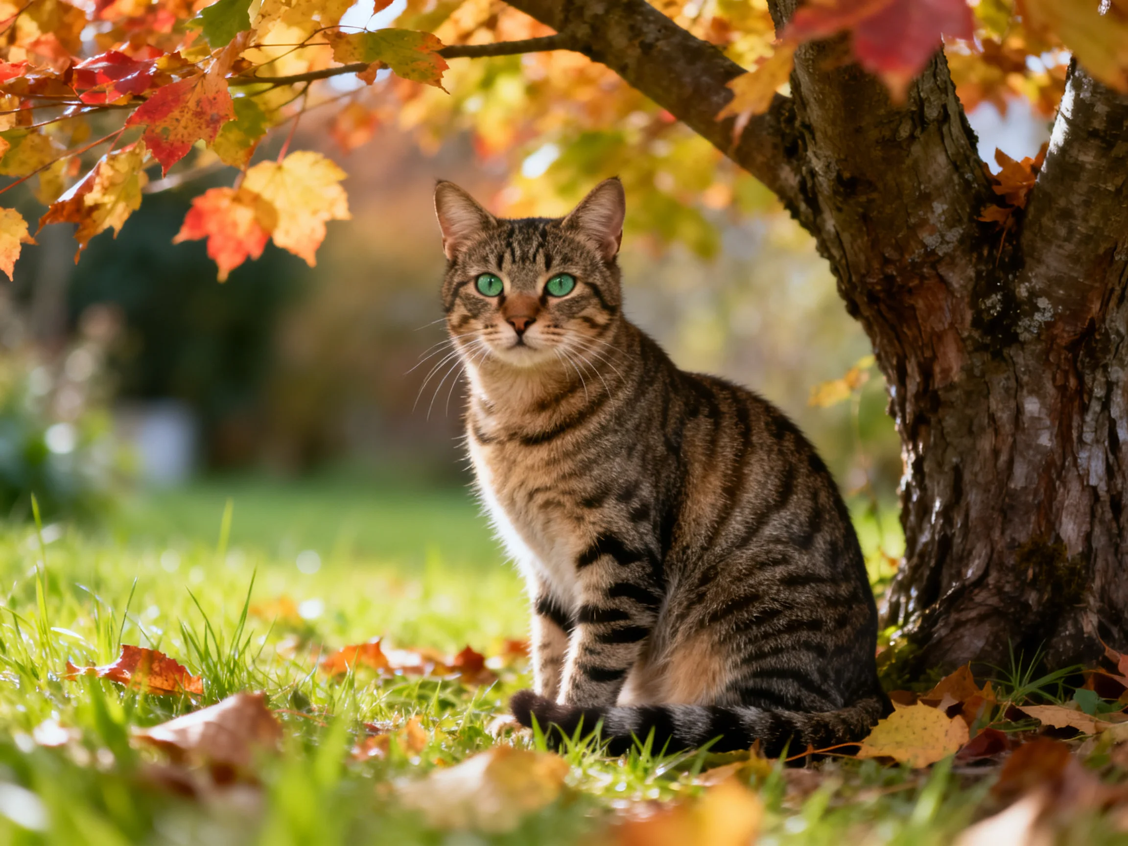 A tabby cat rests near a maple tree amid autumn leaves