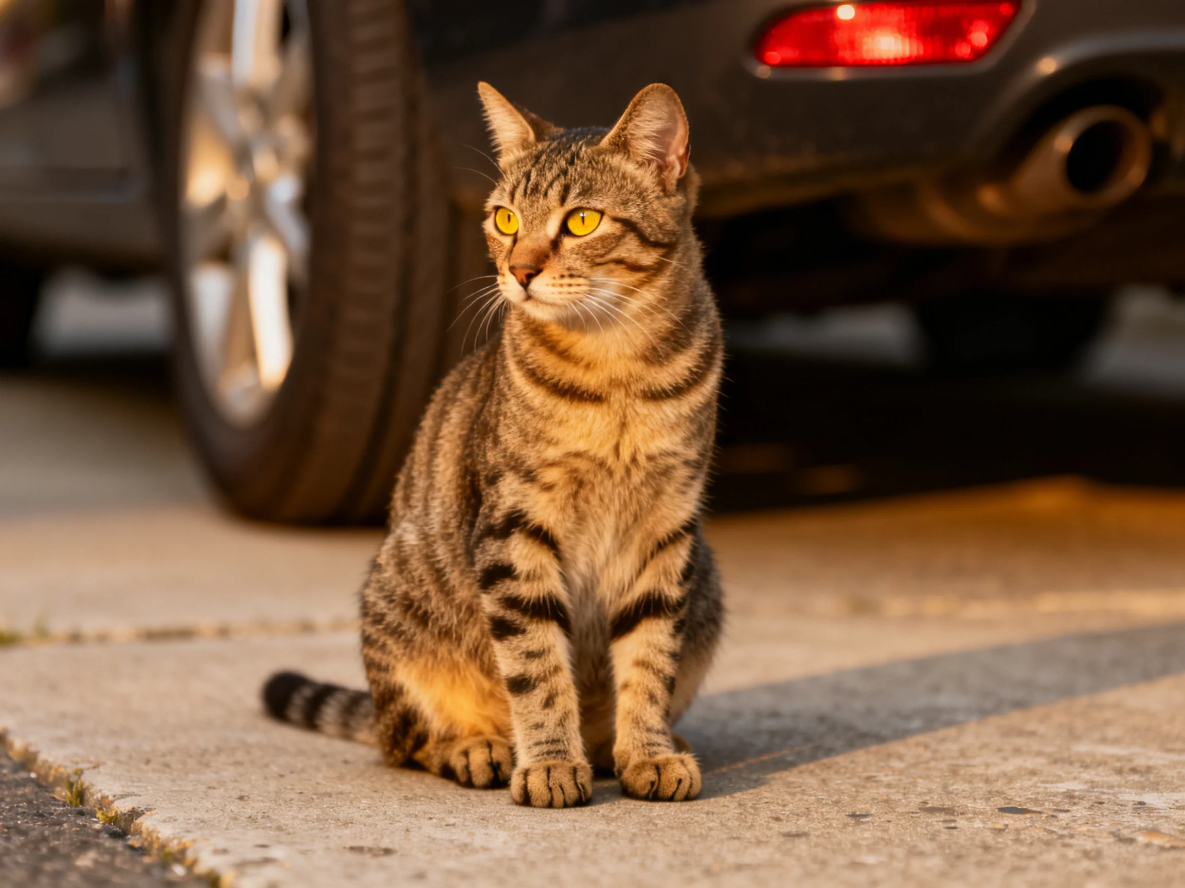 A tabby cat sits beside a dark vehicle.