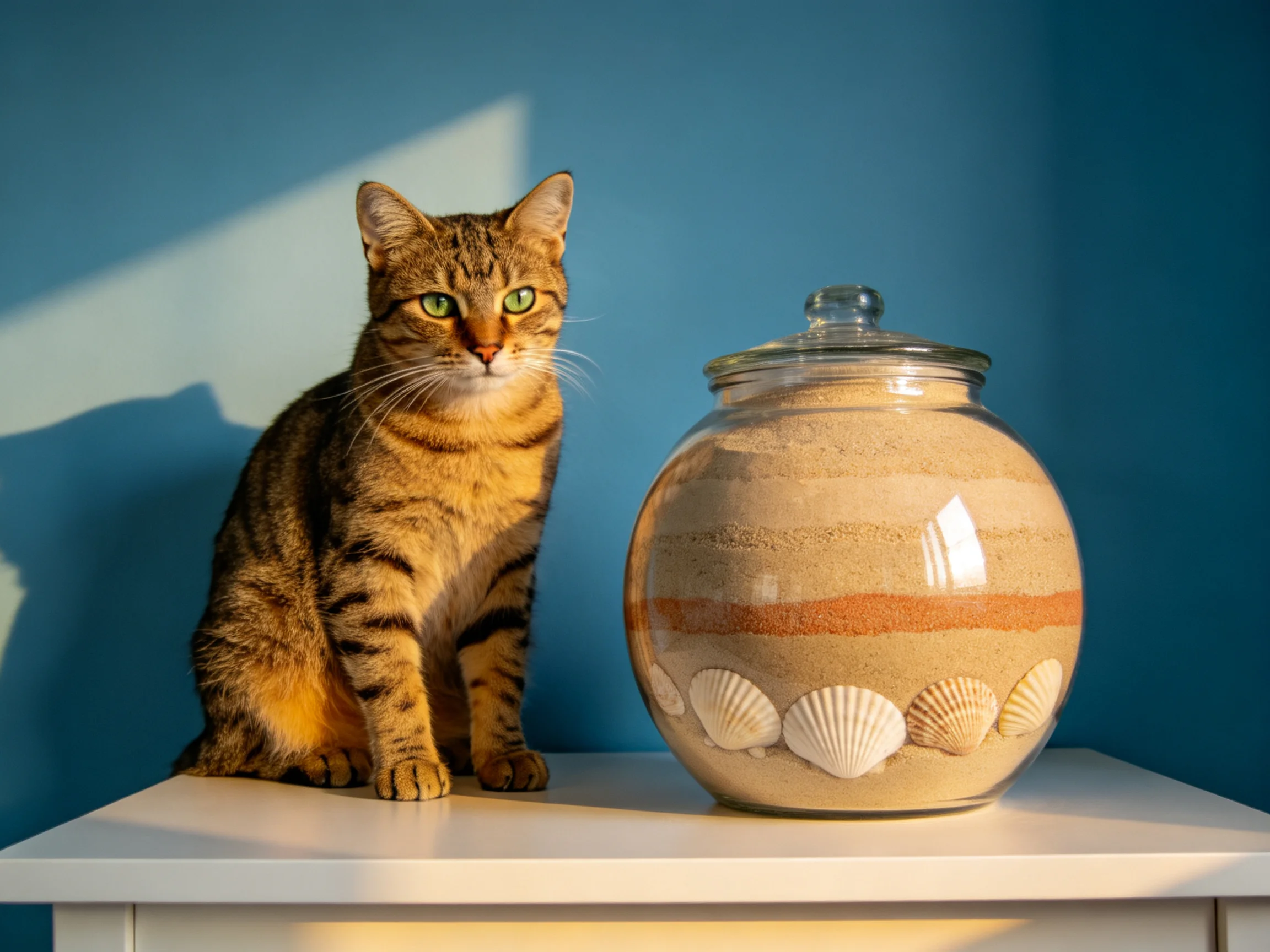 A tabby cat sits next to a glass jar filled with layered sand and seashells