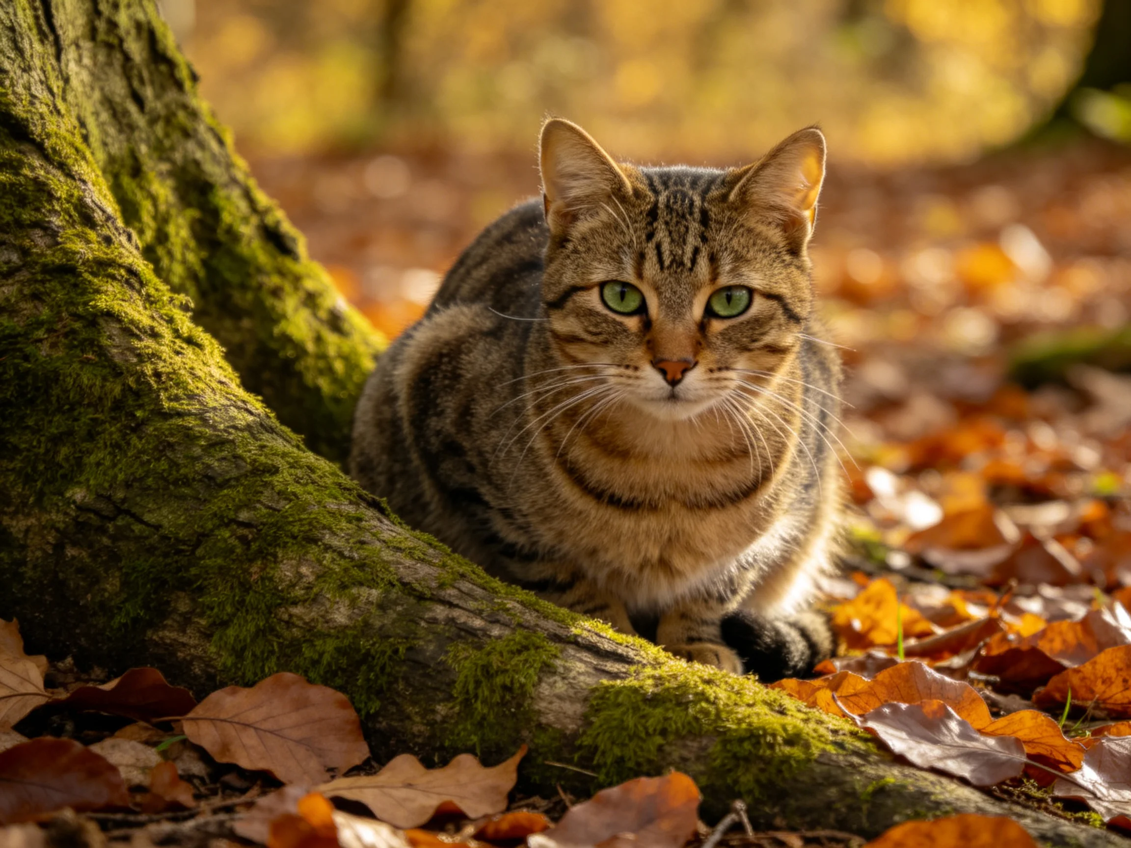 A tabby cat sits beside a moss-covered tree trunk amid autumn leaves
