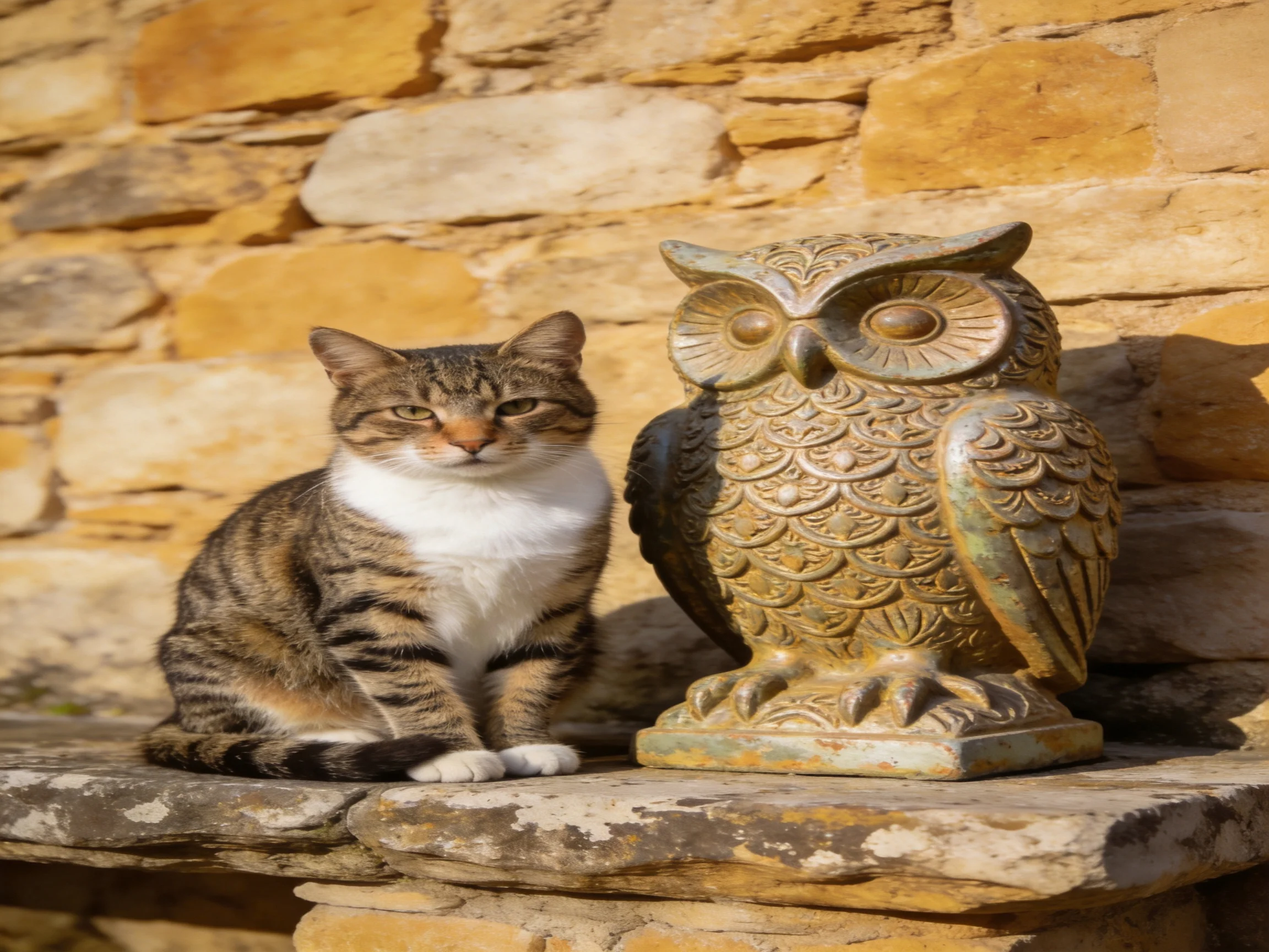 A tabby cat sits next to a decorative owl statue against a stone wall.