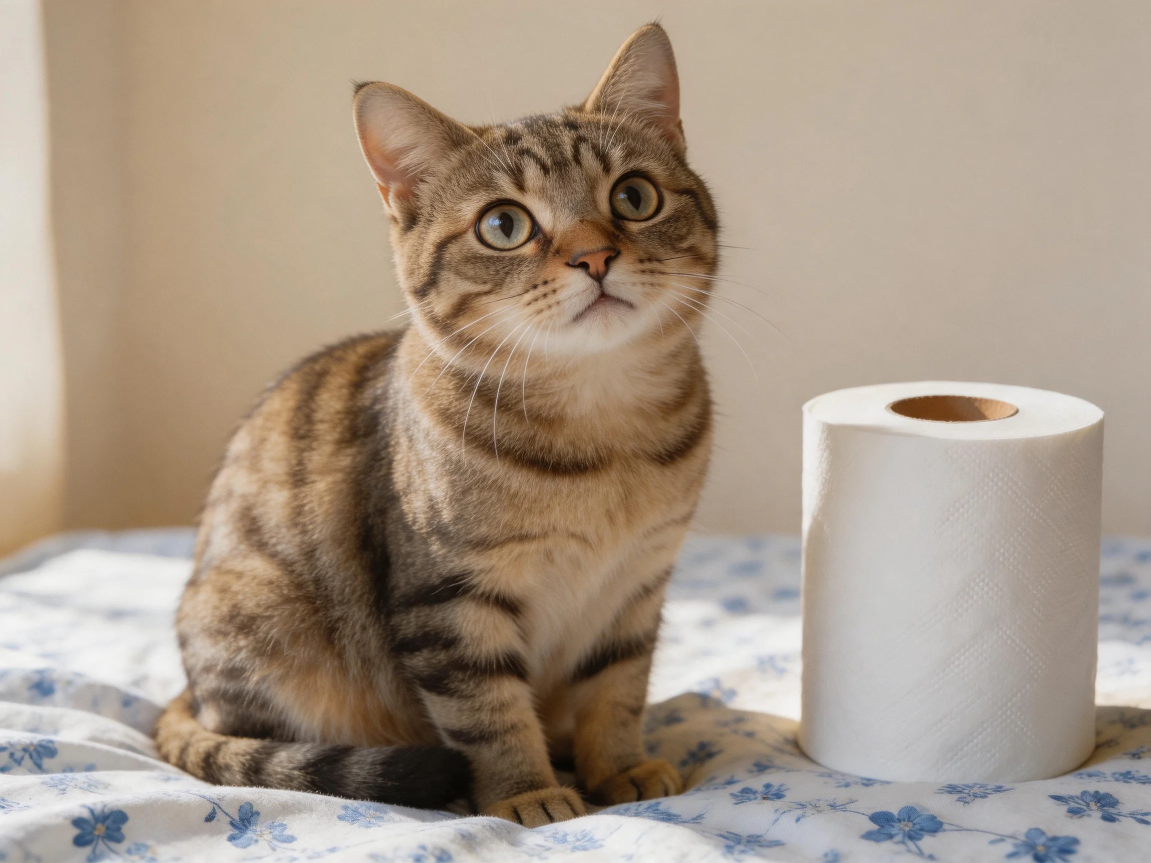 A tabby cat sits near a toilet paper roll on a floral surface