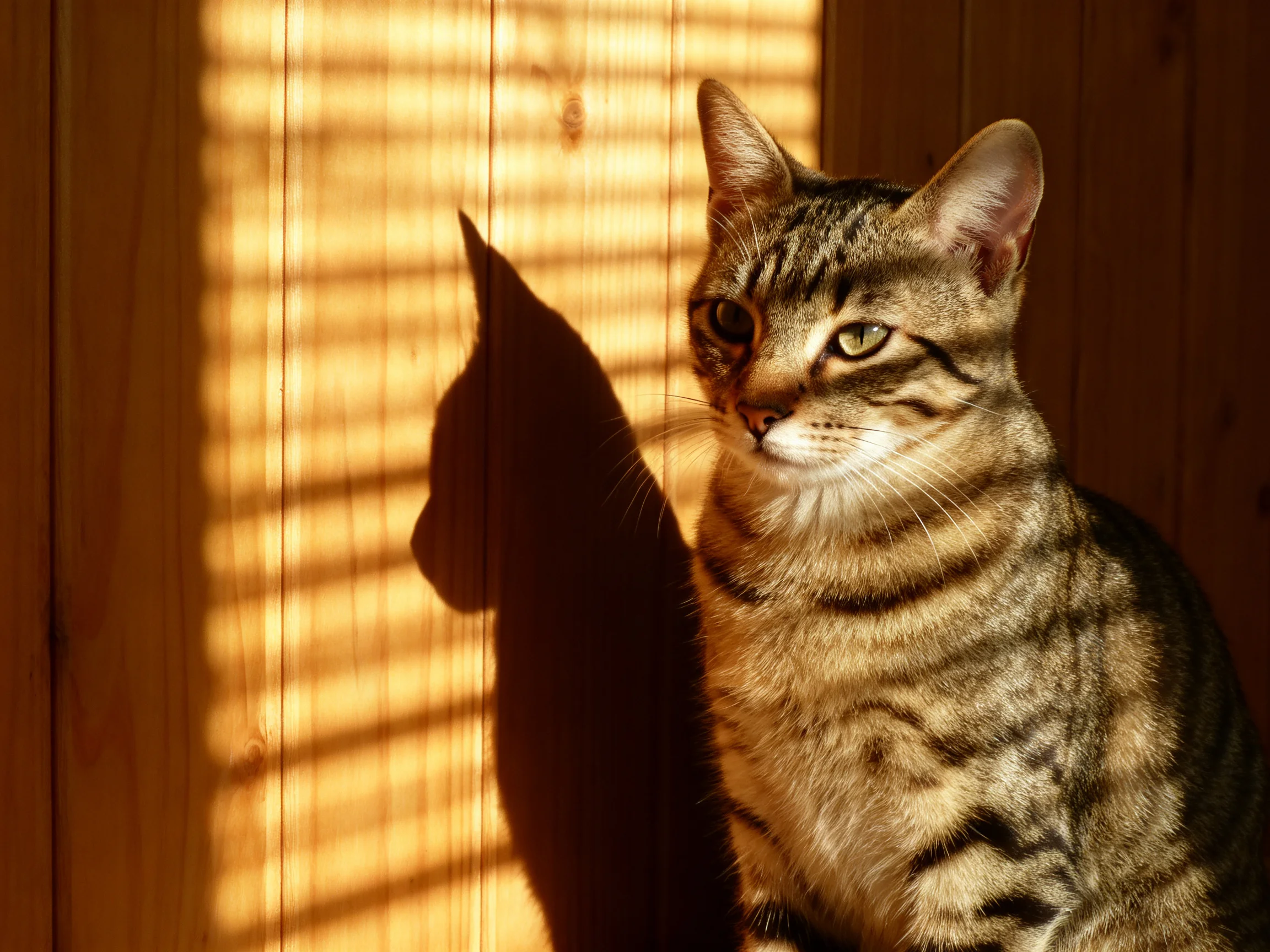 A tabby cat sits next to a wooden wall with sunlight casting striped shadows