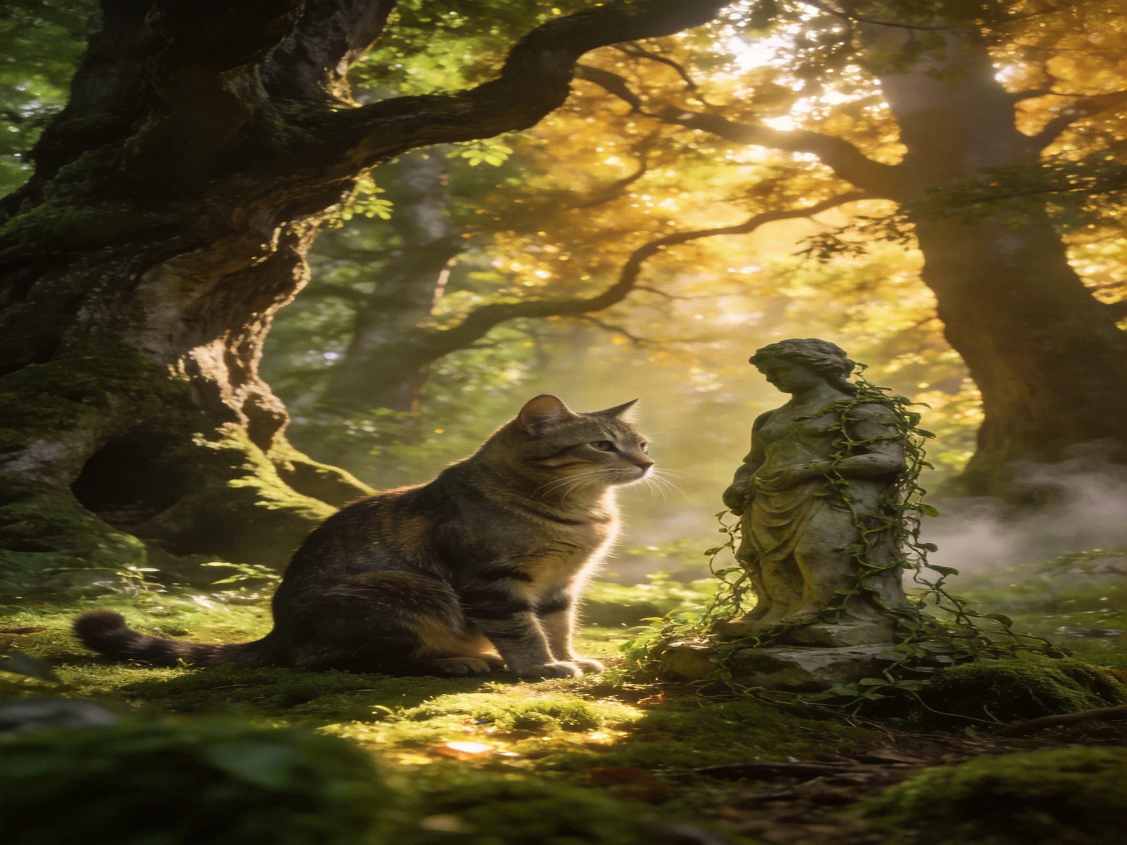 A tabby cat observes an ivy-clad statue in a sunlit forest.