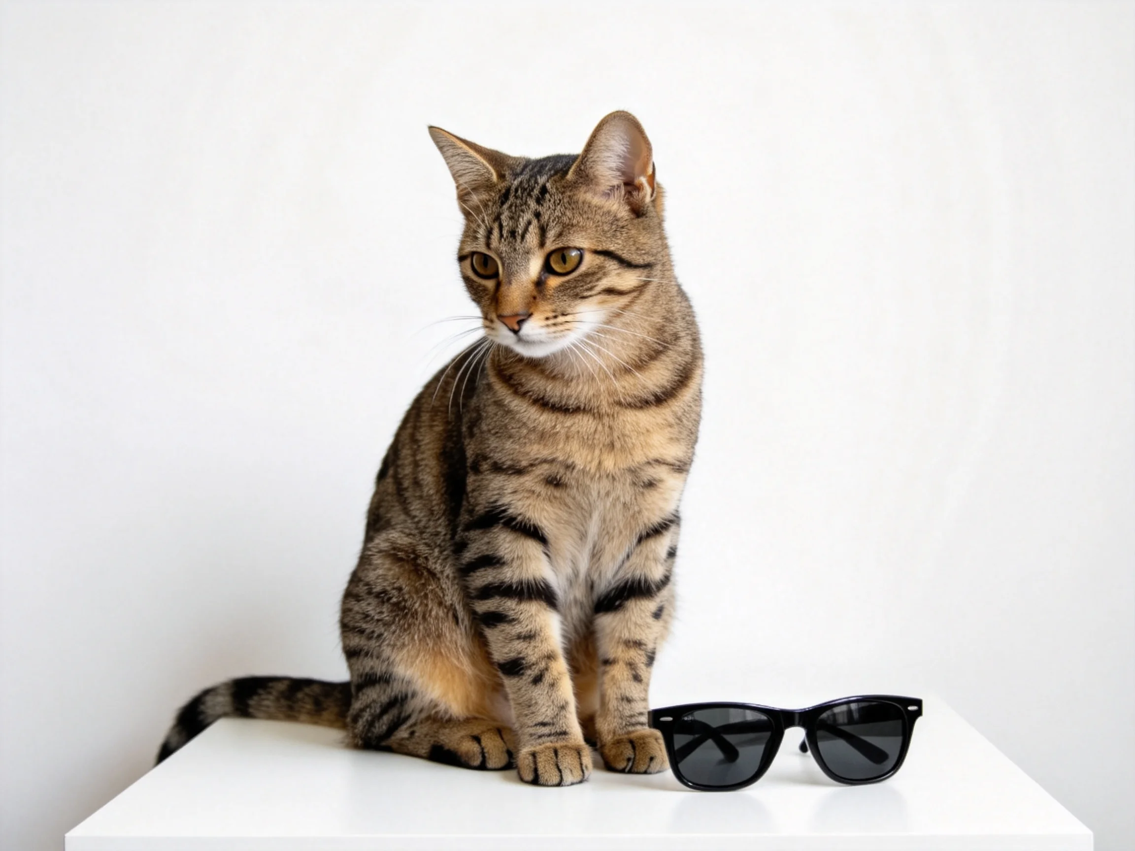 Tabby cat sits near black sunglasses on a white surface