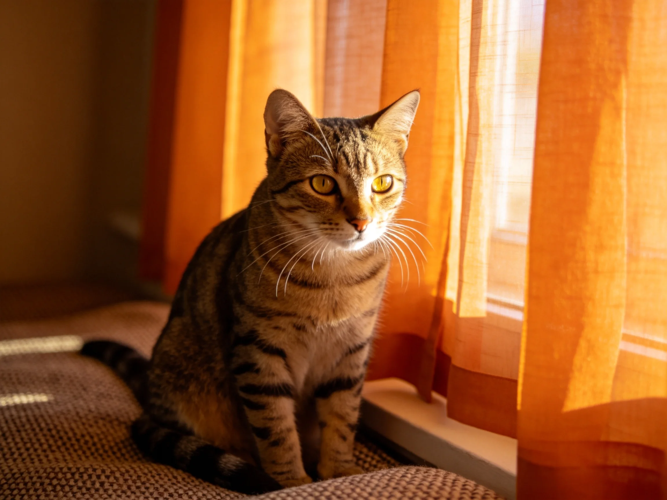 A tabby cat sits beside warm orange curtains in soft sunlight