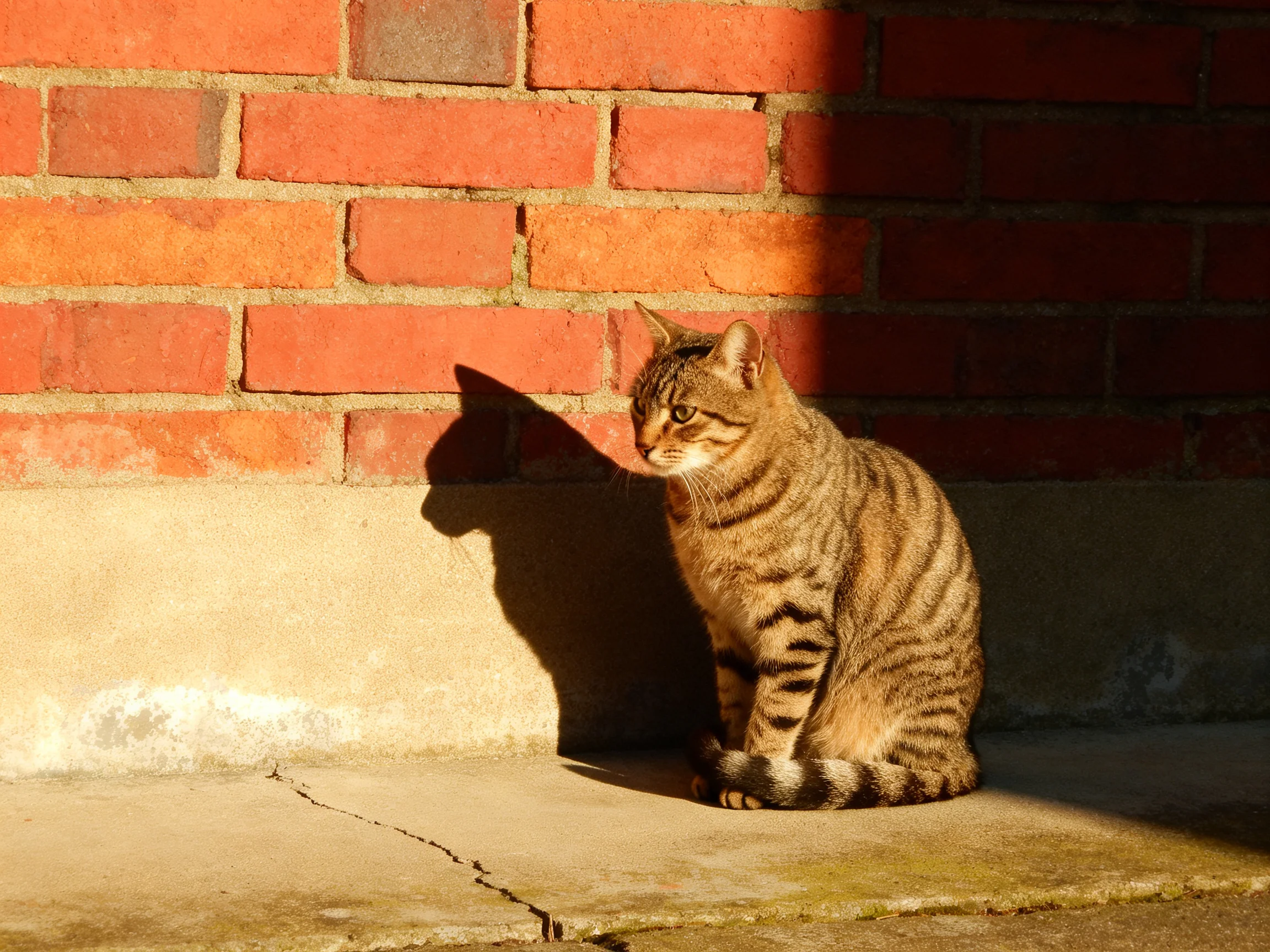 A tabby cat sits near a red brick wall under sunlight.