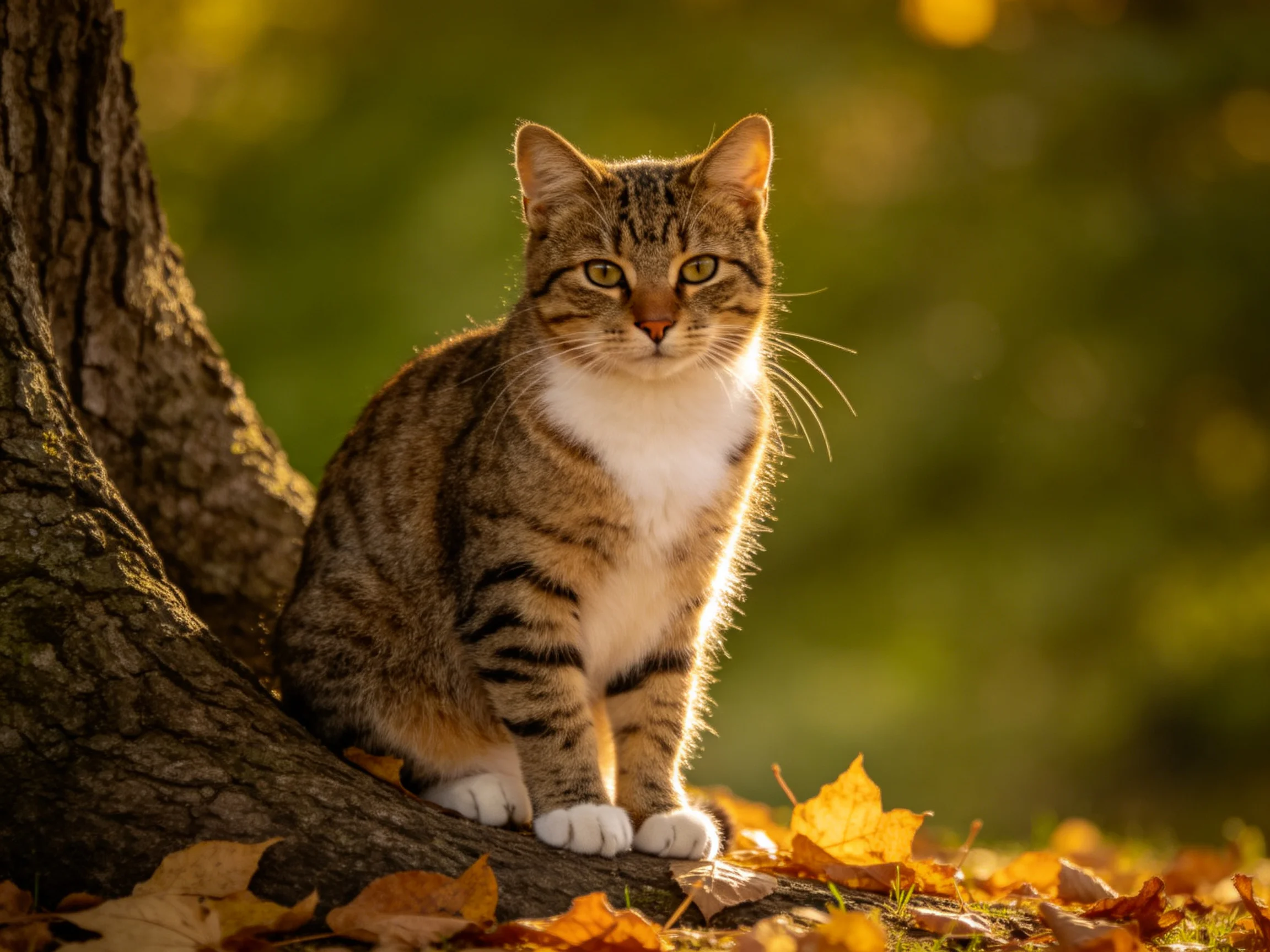 A tabby cat rests beside a tree amidst autumn foliage.