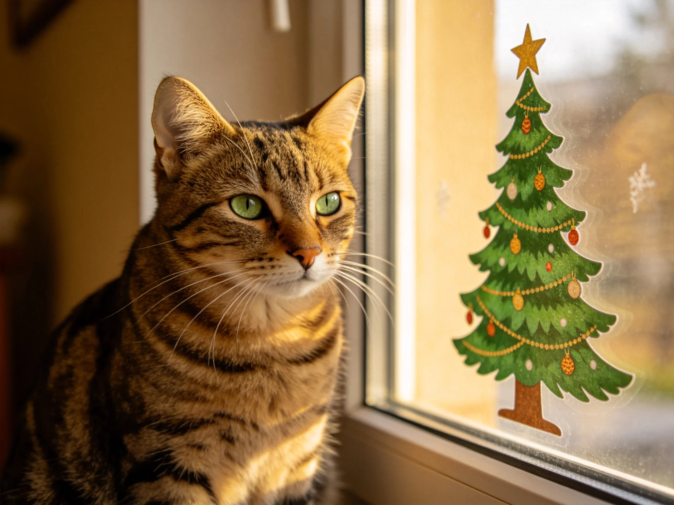 A tabby cat sits by a window with a decorated green tree sticker
